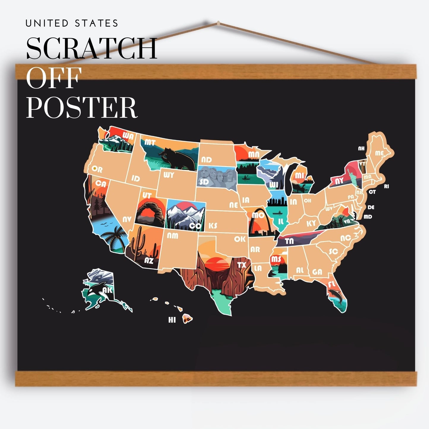 USA Map with Black background. Each state has a icon representing the state. Gold Overlay scratches off to reveal artwork underneath.