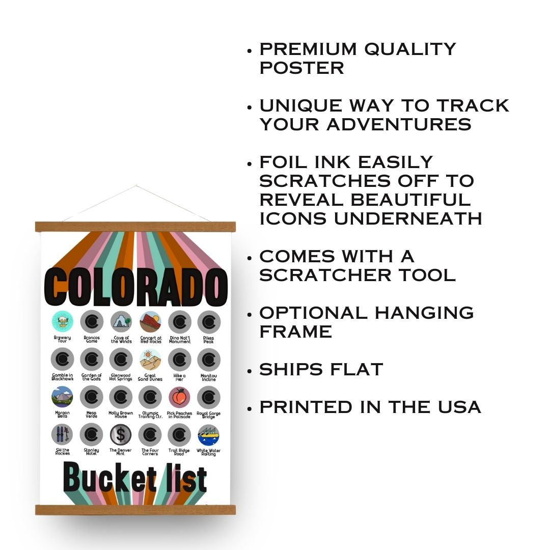 Colorado Bucket List scratch off poster.  Has icons for 30 iconic places in Colorado. Scratch off a silver layer to reveal artwork. Hanging on a wooden frame.