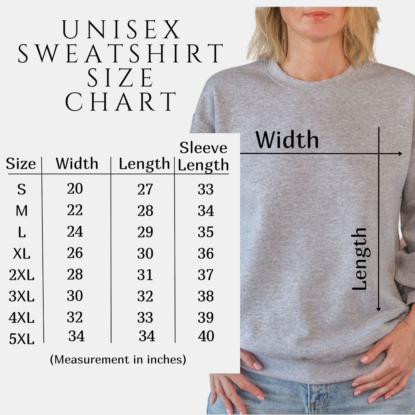 Size chart for sweatshirt. Comes in S, M, L, XL, 2XL, 3XL, 4XL, 5XL