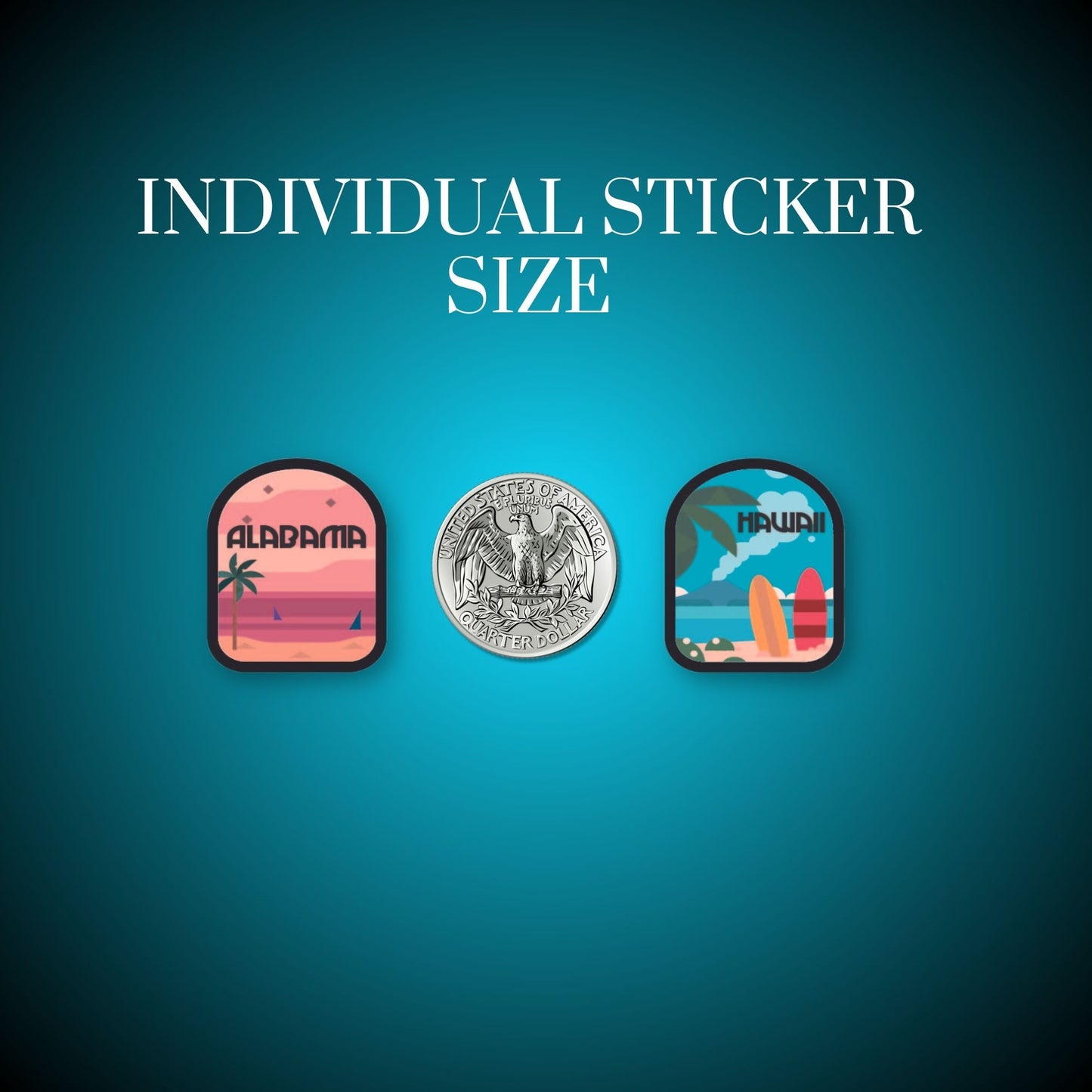 Size of stickers in reference to a quarter. Stickers are slightly larger.