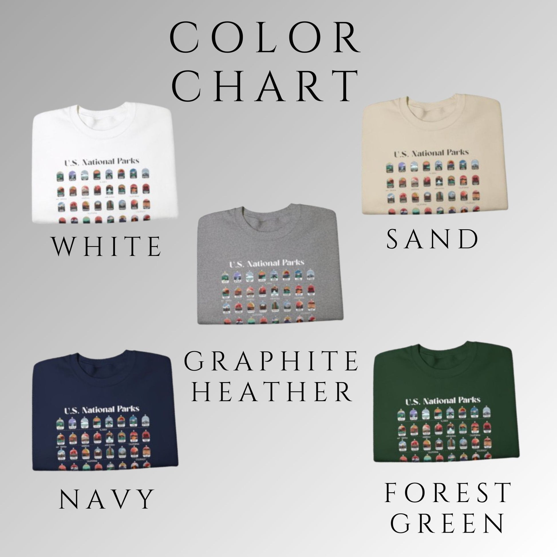 Color chart for sweatshirts. White, Sand, Graphite Heather, Navy, and Forest Green.
