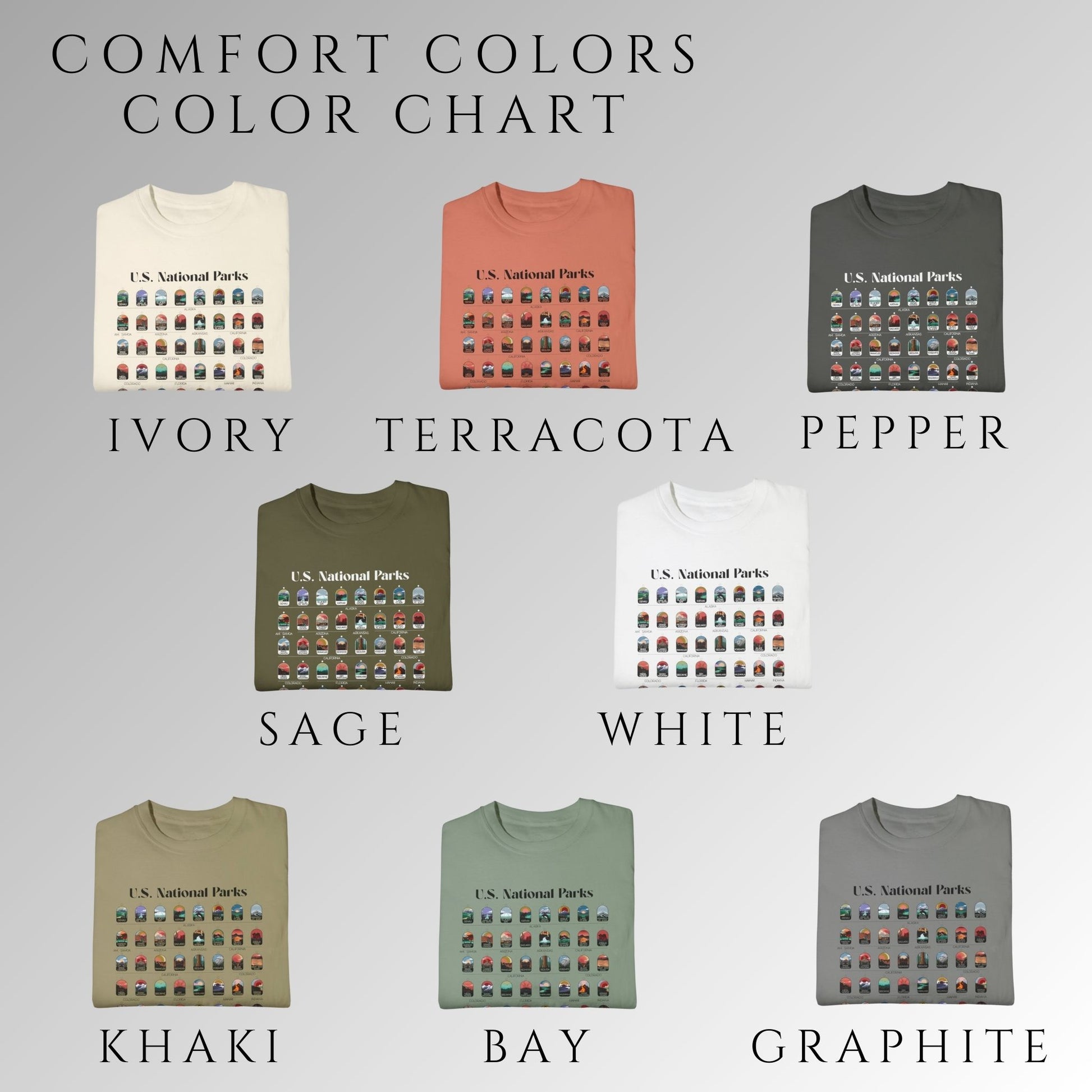 Color chart for National Park t-shirt. Ivory, Terracota, Pepper, Sage, White, Khaki, Bay, Graphite.