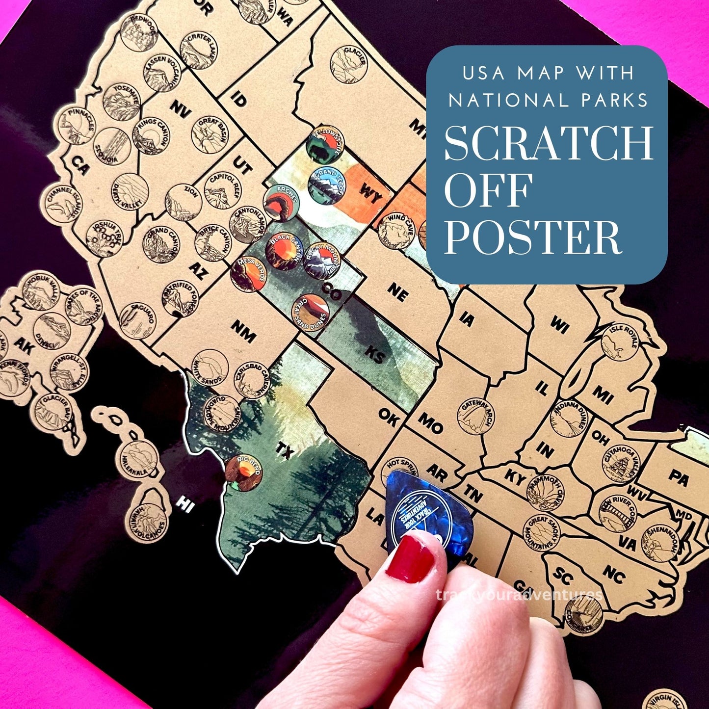 63 National Park and USA scratch off map, Has a black background with a colorful design underneath a gold layer, which scratches off to reveal artwork.