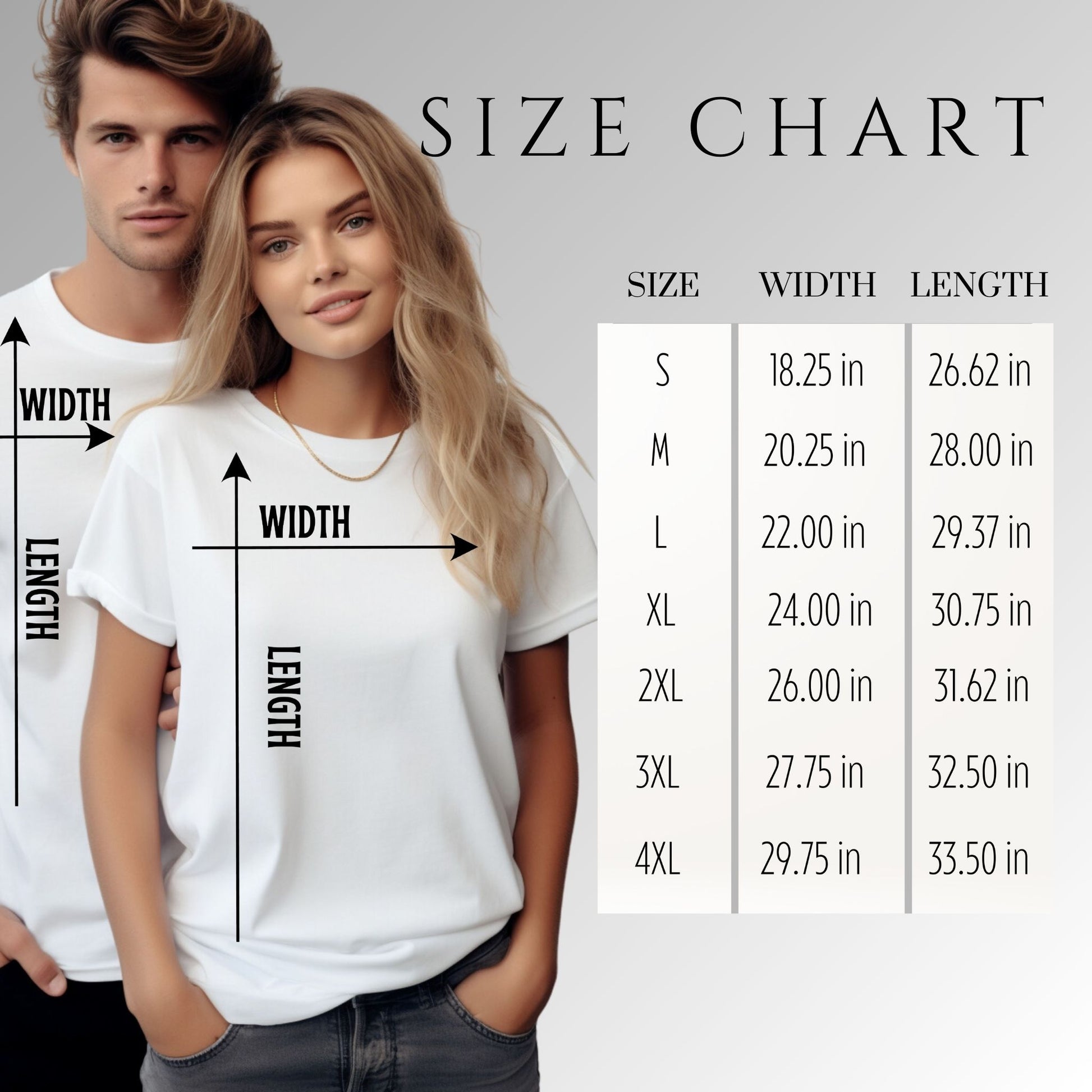Size chart for t-shirt. Comes in S, M, L, XL, 2XL, 3XL, 4XL