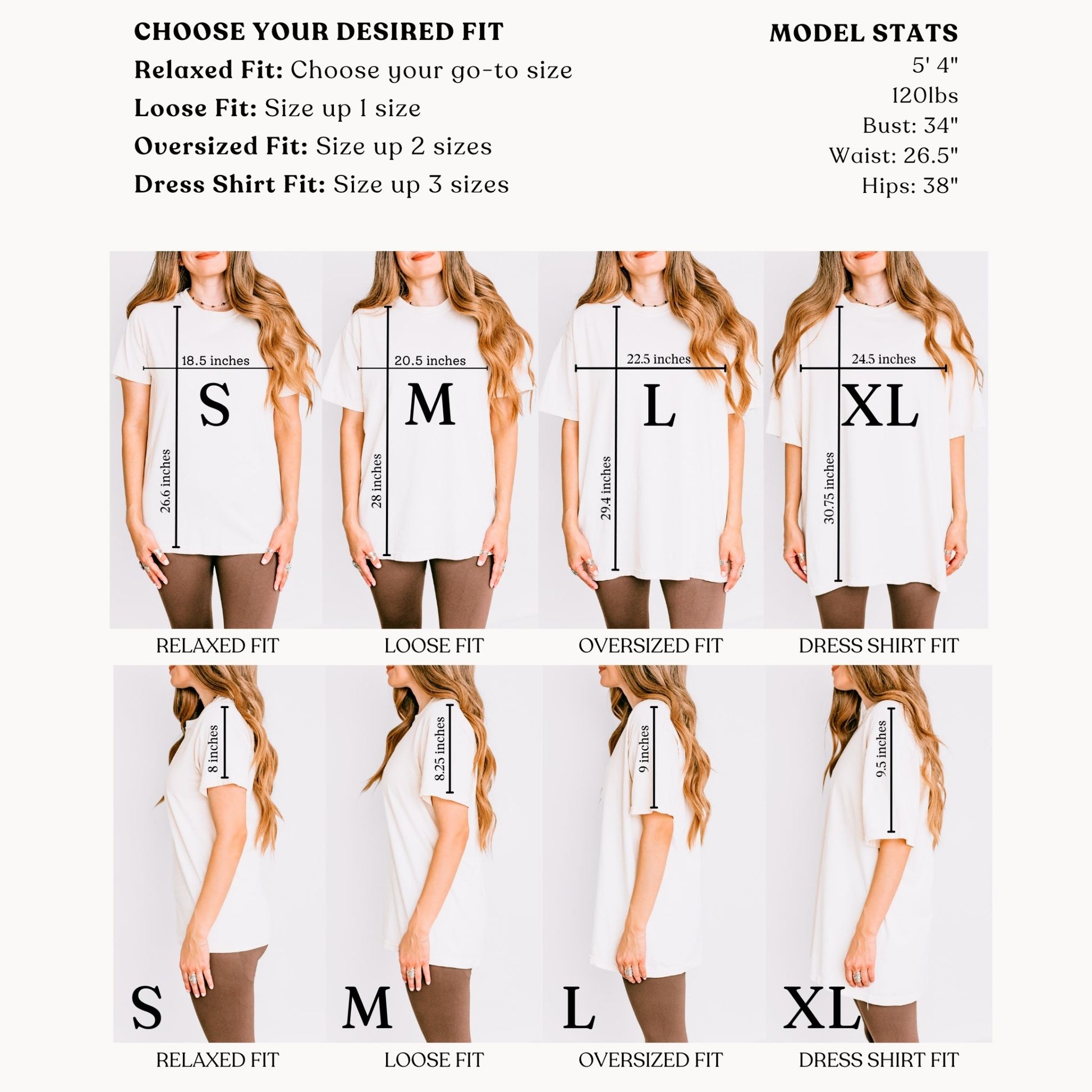 Size chart for t-shirt. Showing how it fits the model. Model is 5'4" 120 lbs. Comes in S, M, L, XL, 2XL, 3XL, 4XL