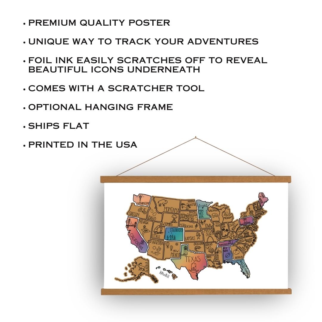 USA scratch off map, Has a white background. Scratch off a gold layer to reveal artwork underneath. Each state is represented by an icon and is colorful.  Hanging on a wooden frame.