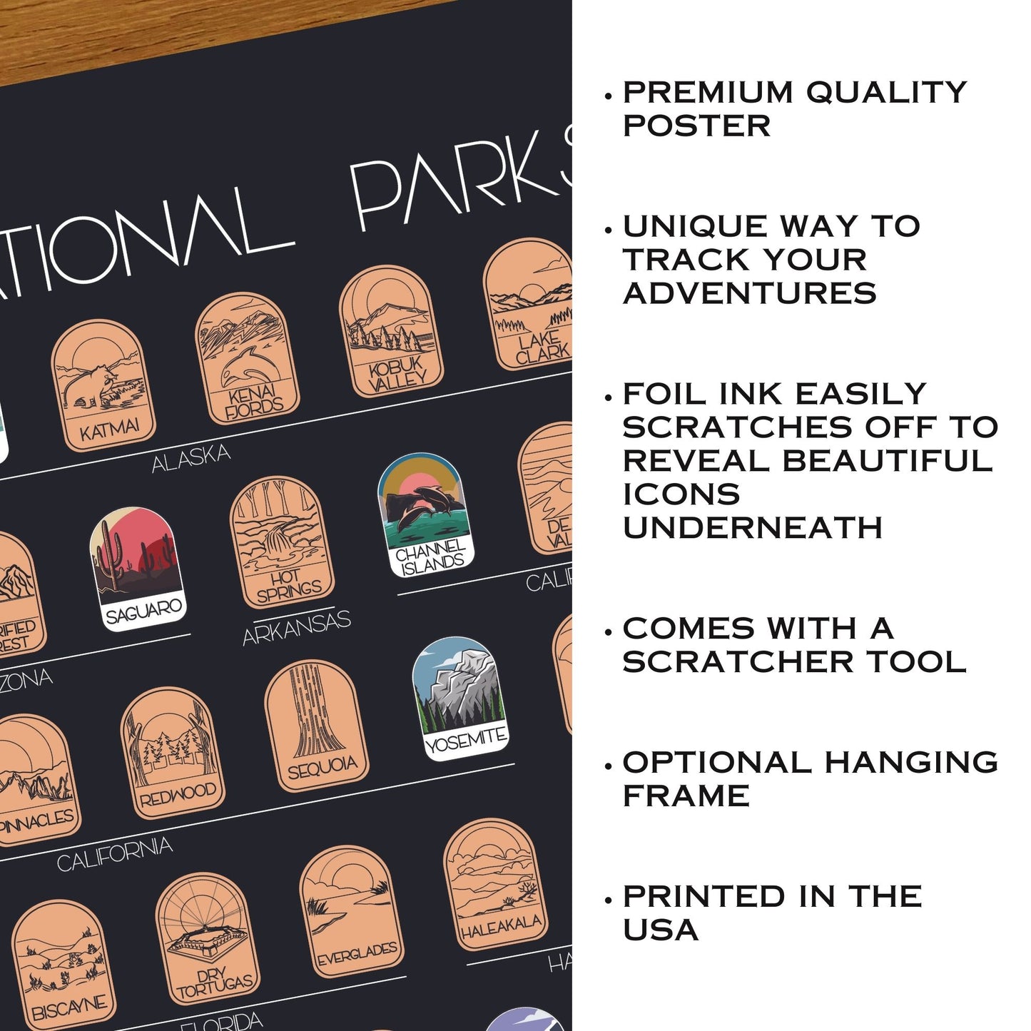 63 National Park scratch off poster, Shas a black background with colorful icons for each park. Scratch off a gold layer to reveal artwork. Hanging on a wooden frame.