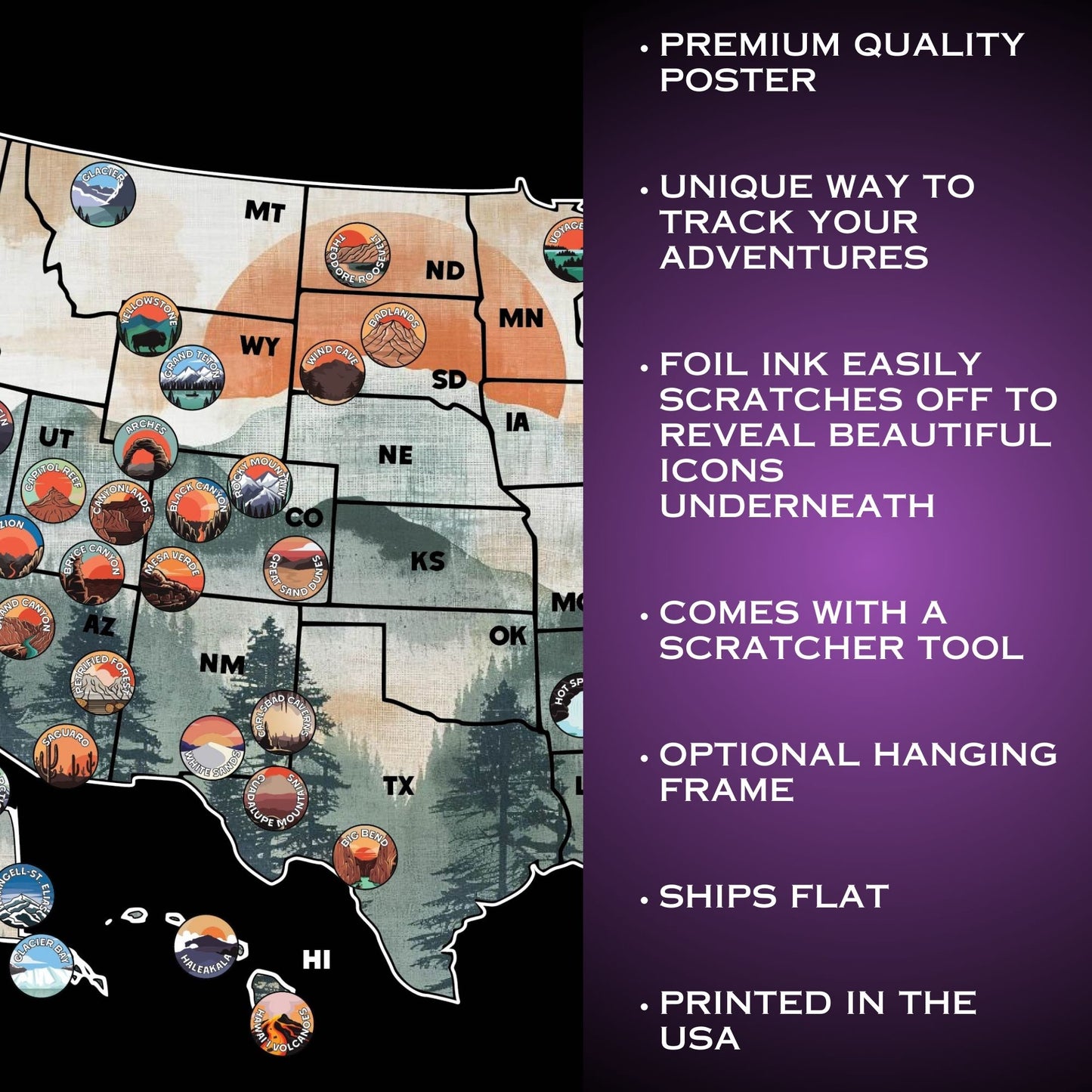 63 National Park and USA scratch off map, Has a black background with a colorful design underneath a gold layer, which scratches off to reveal artwork.