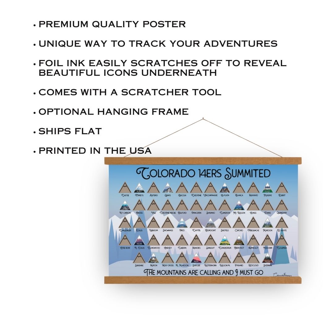 Colorado 14ers scratch off poster, Has a blue background with mountains and mountain icons for each park. Scratch off a silver layer to reveal artwork. Hanging on a wooden frame.