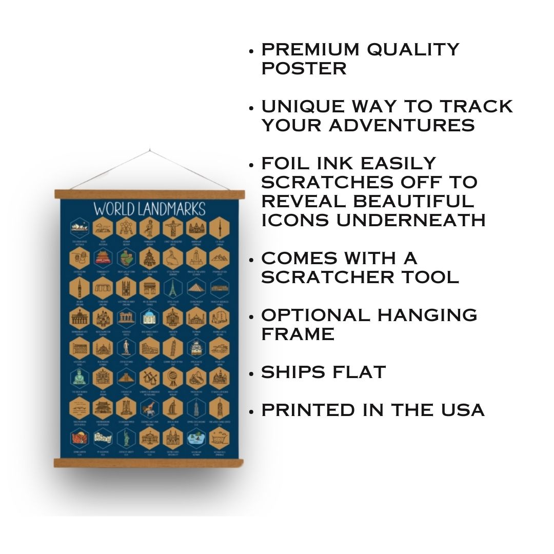World Landmarks scratch off poster. Has a navy background with colorful icons for each landmark. Scratch off a gold layer to reveal artwork. Hanging on a wooden frame.