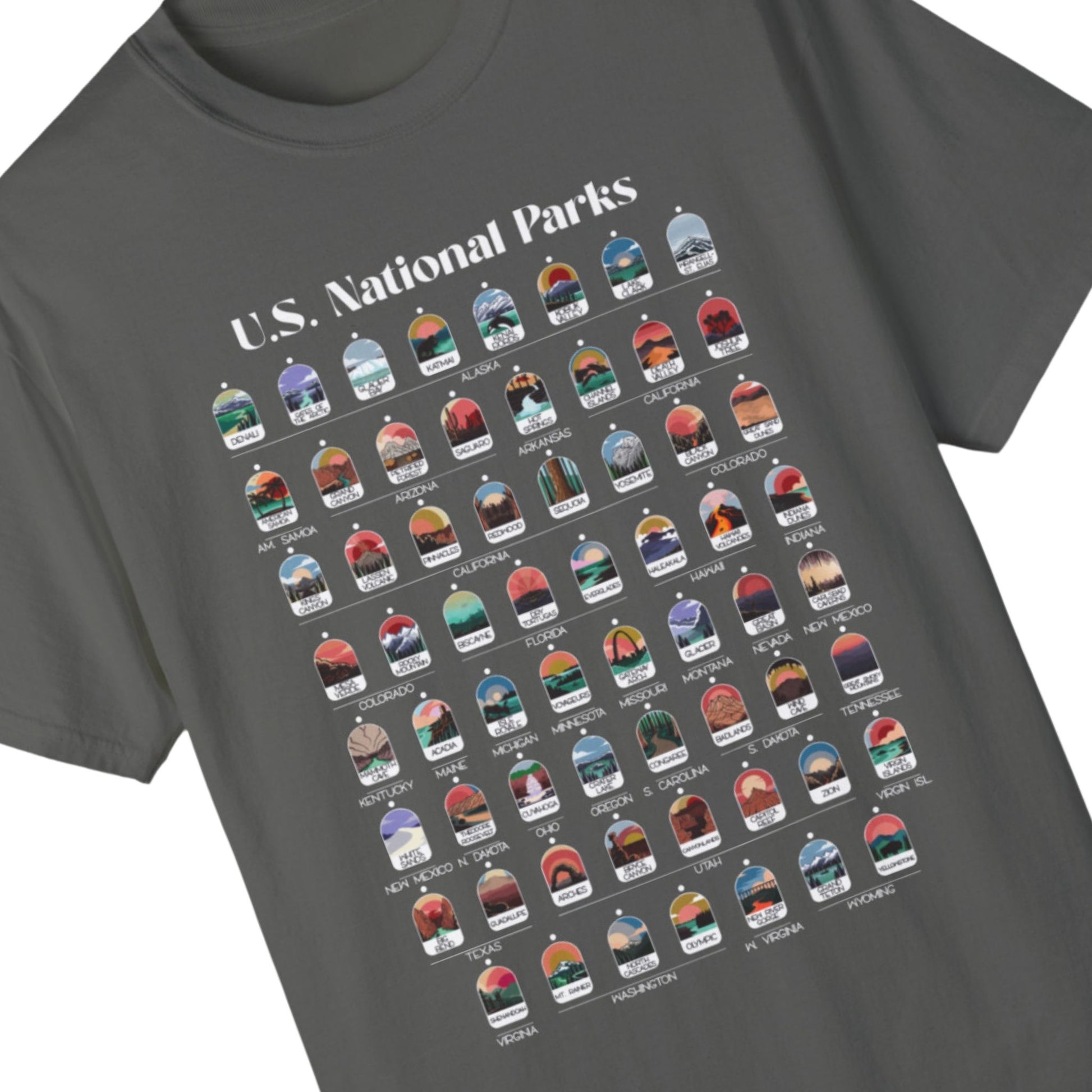 Grey t-shirt with all 63 National Parks on it with circles to fill in to track your National Parks.