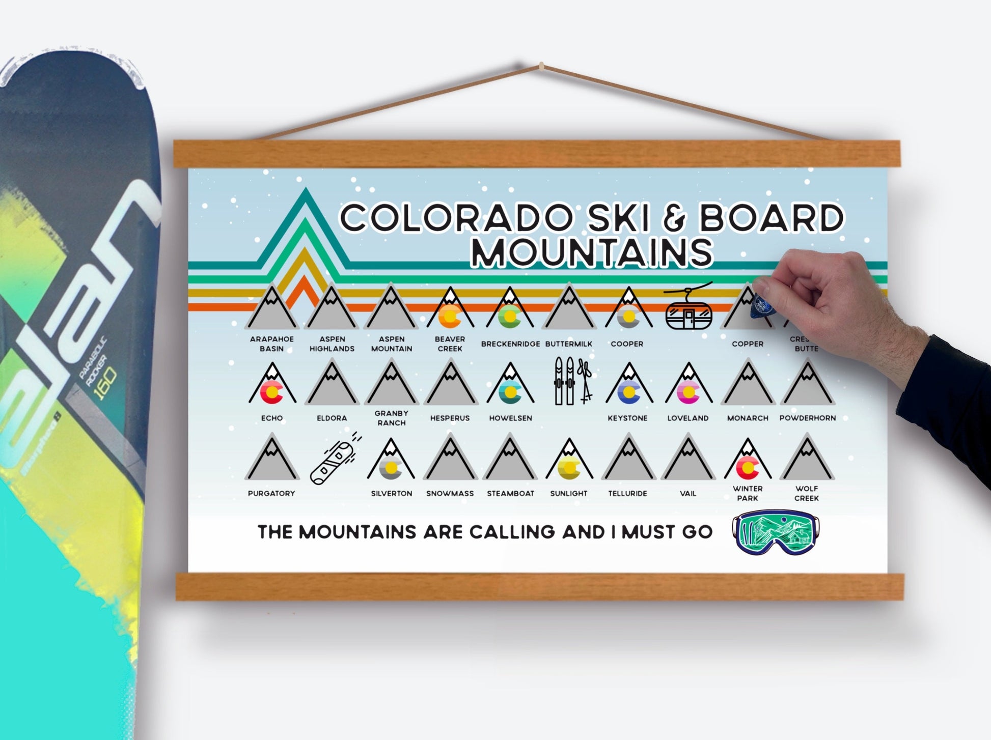 Colorado Ski and Board scratch off poster. Has a blue background with snow and retro design. There is an icon for each ski mountain in Colorado. Scratch off a silver layer to reveal artwork. Hanging on a wooden frame.