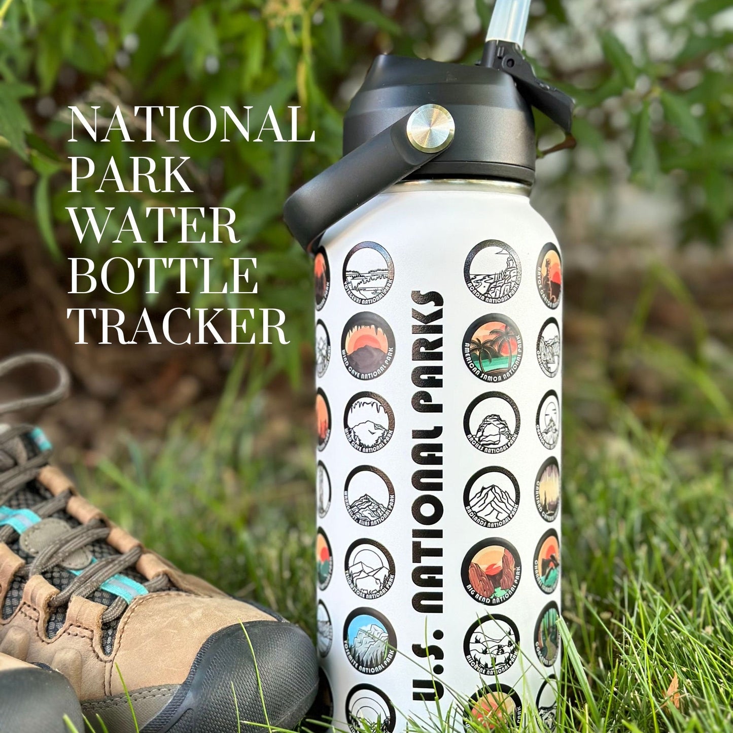 National Parks White Water Bottle. Colorful stickers placed on the parks visited