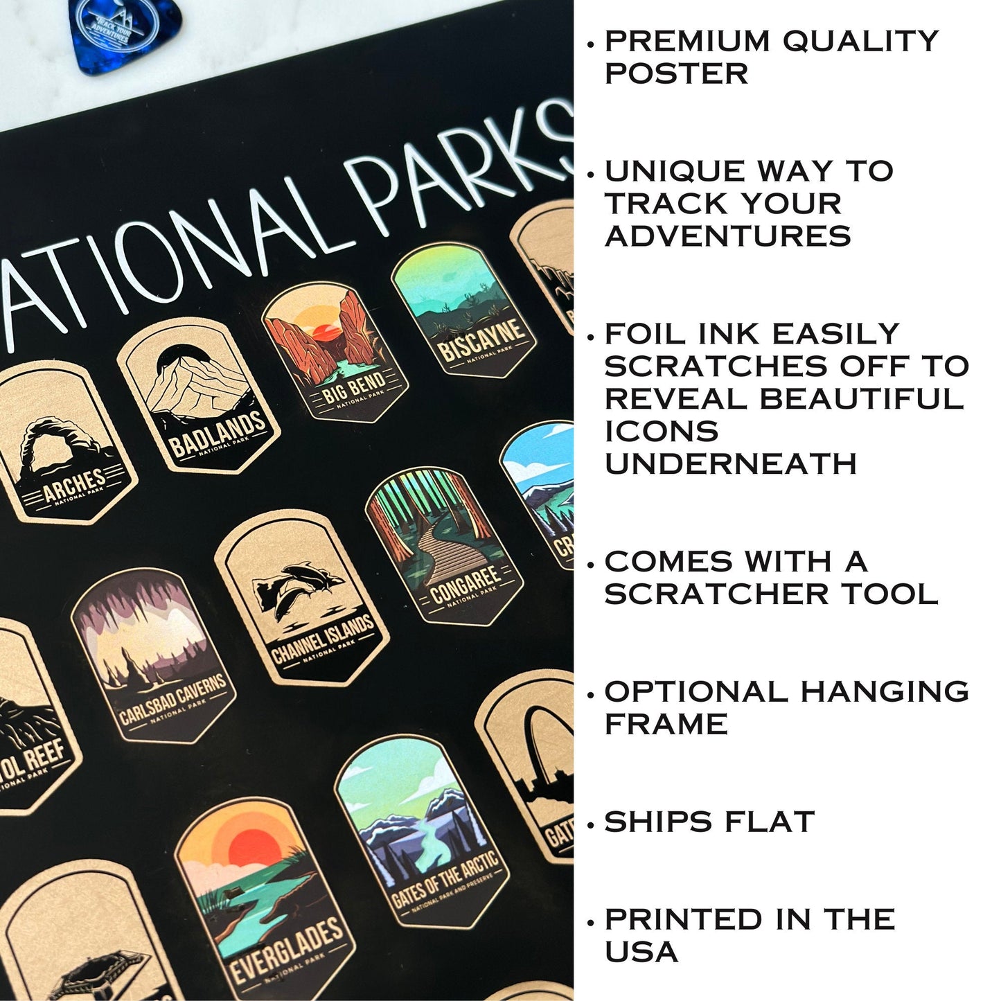 63 National Park scratch off poster, Has a black background with colorful icons for each park. Scratch off a gold layer to reveal artwork. Hanging on a wooden frame.
