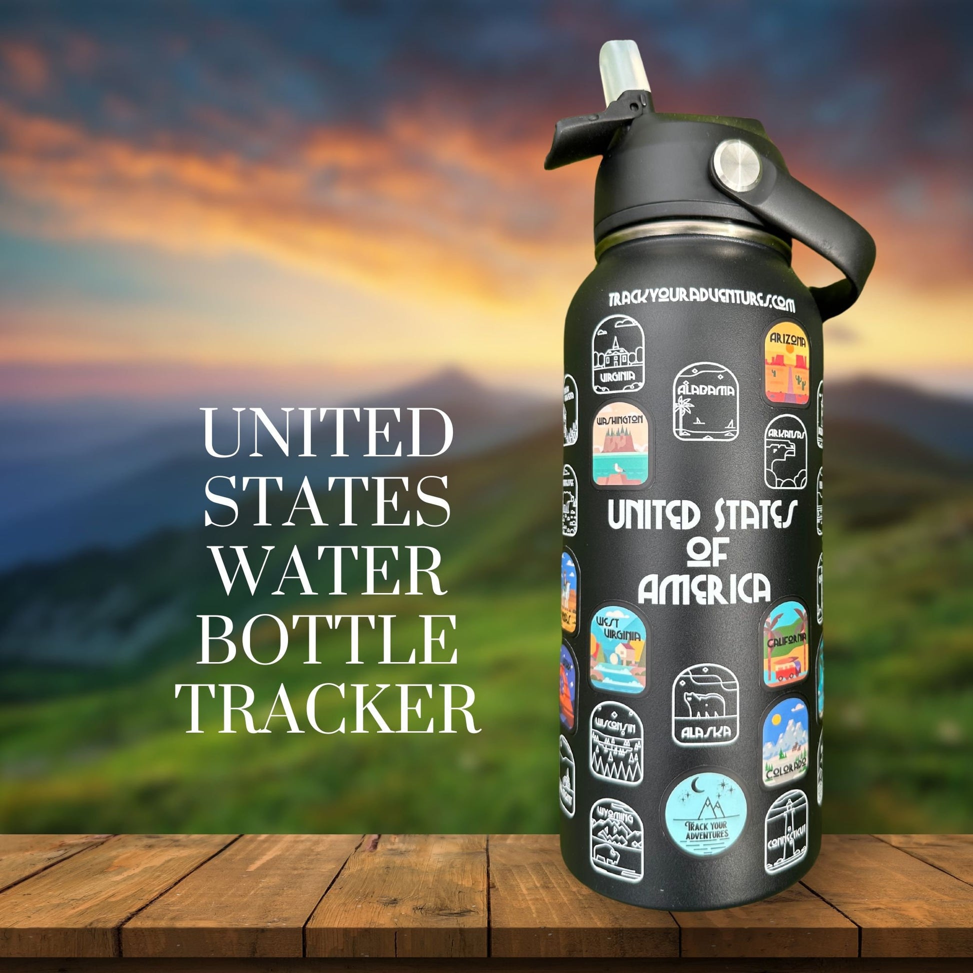 50 States Black Water Bottle.  Colorful stickers placed on the states visited.