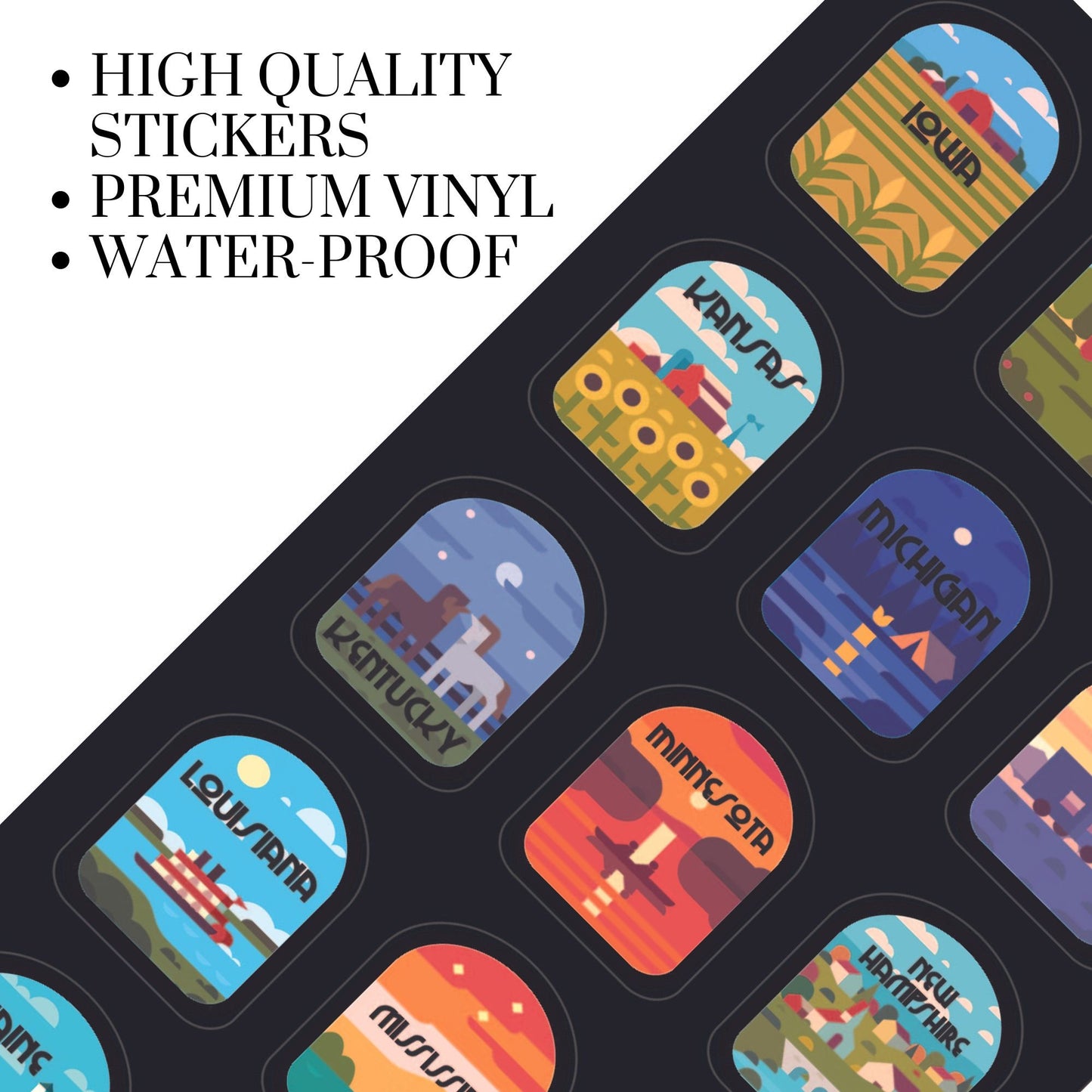 High quality waterproof vinyl stickers for all 50 States.