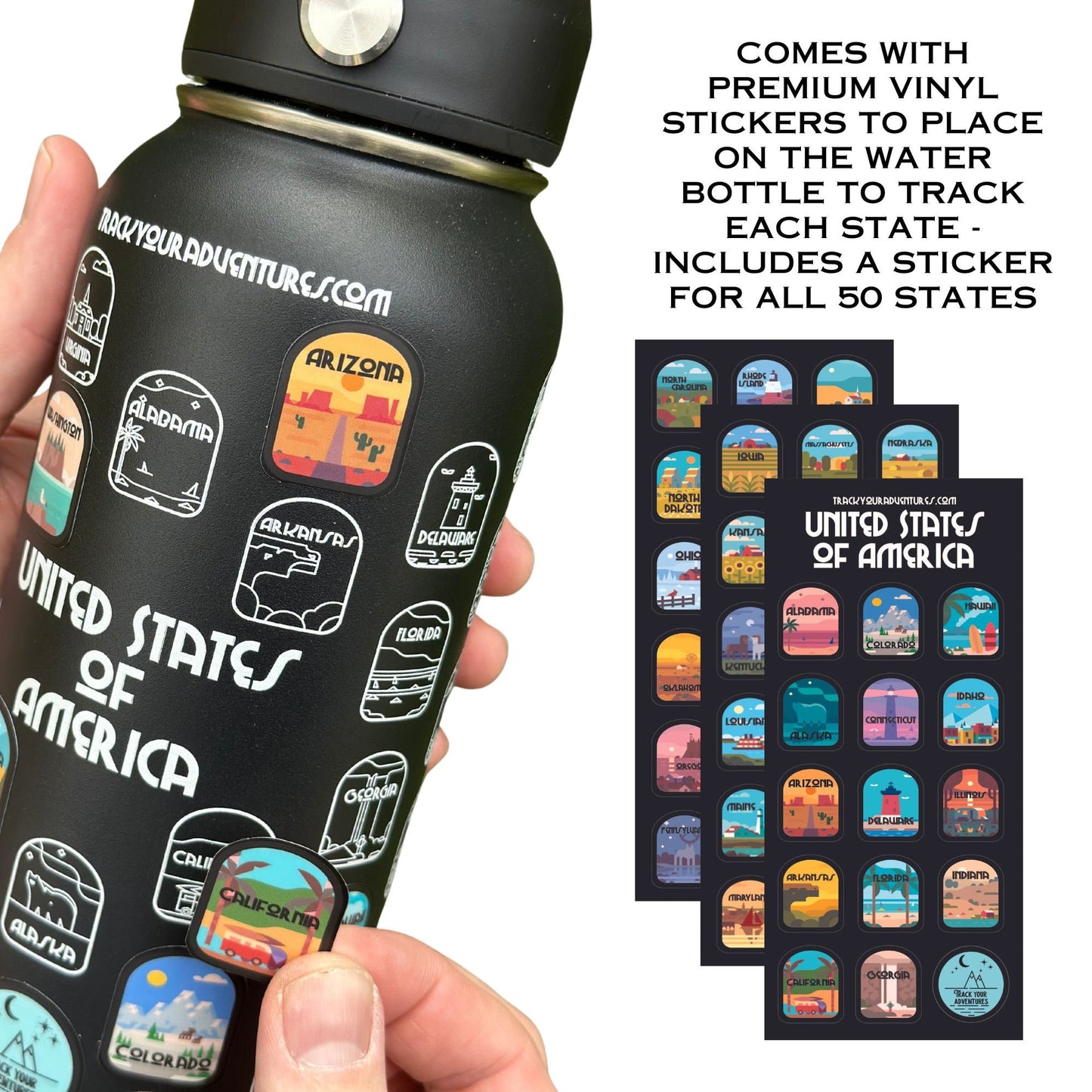 Hand placing sticker on water bottle.