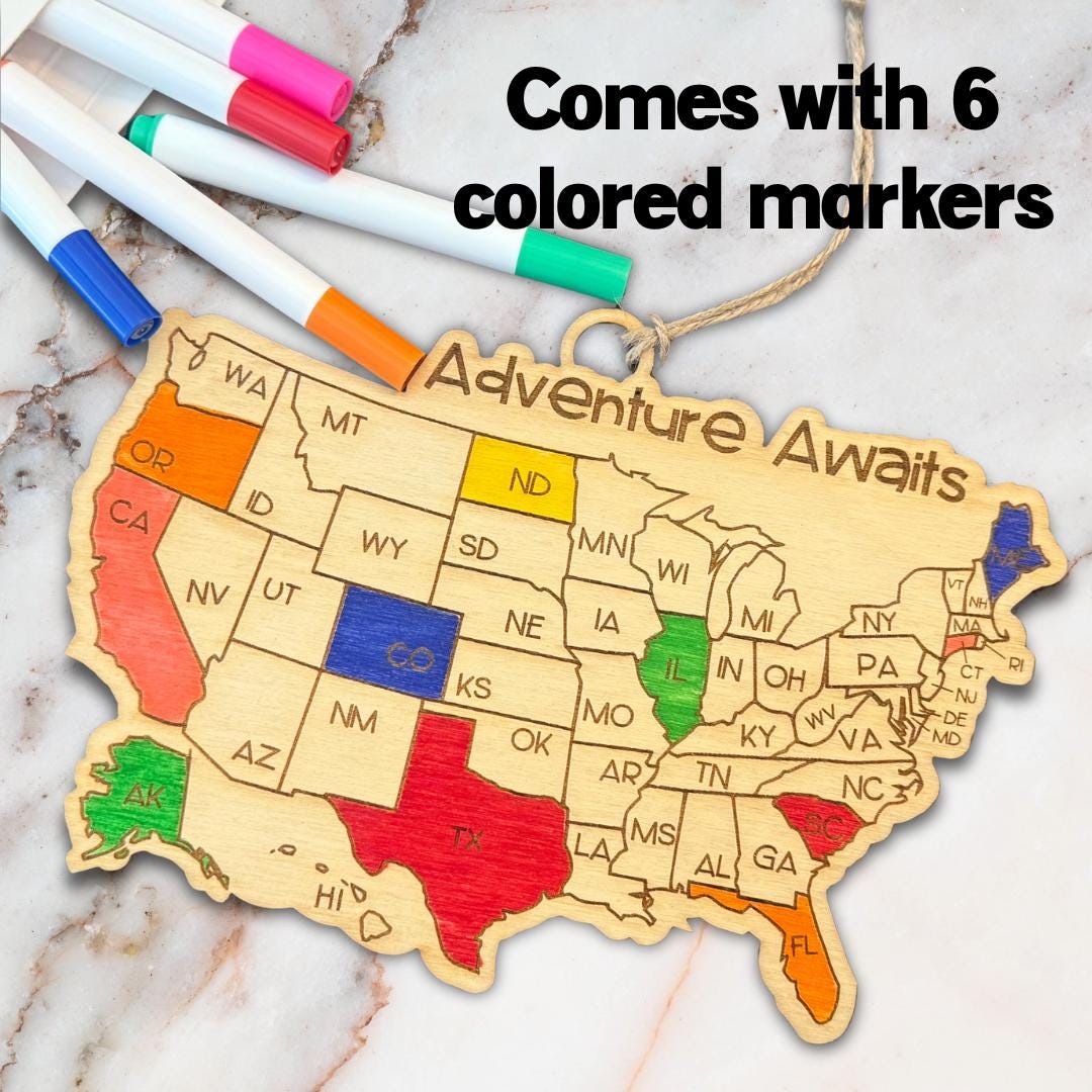 Personalized USA Travel Wood Ornament with Markers