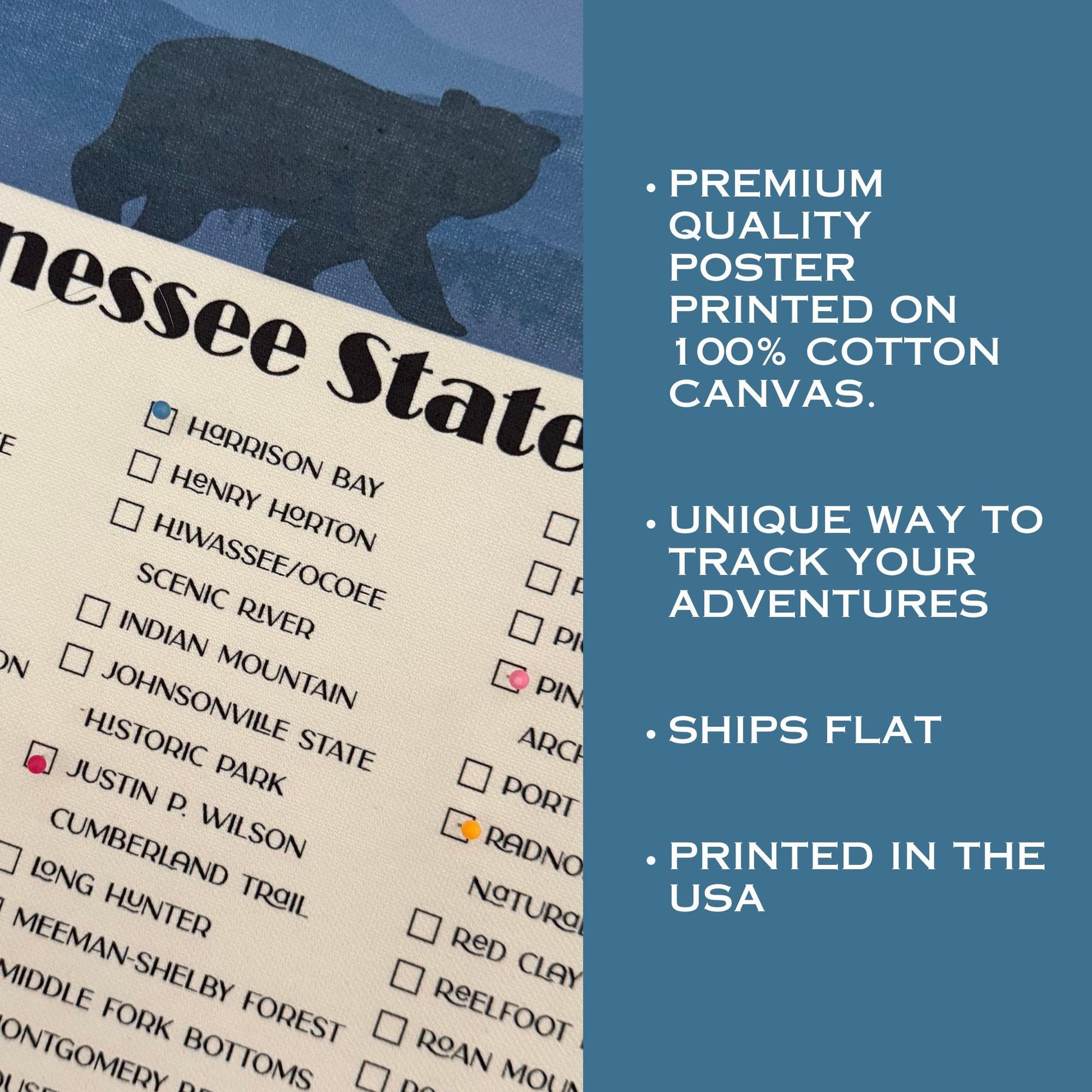 Tennessee State Parks Checklist Tracker, TN State Park, Tennessee Gift, Second Anniversary Cotton gift, State Park Map TN, Push Pin Map