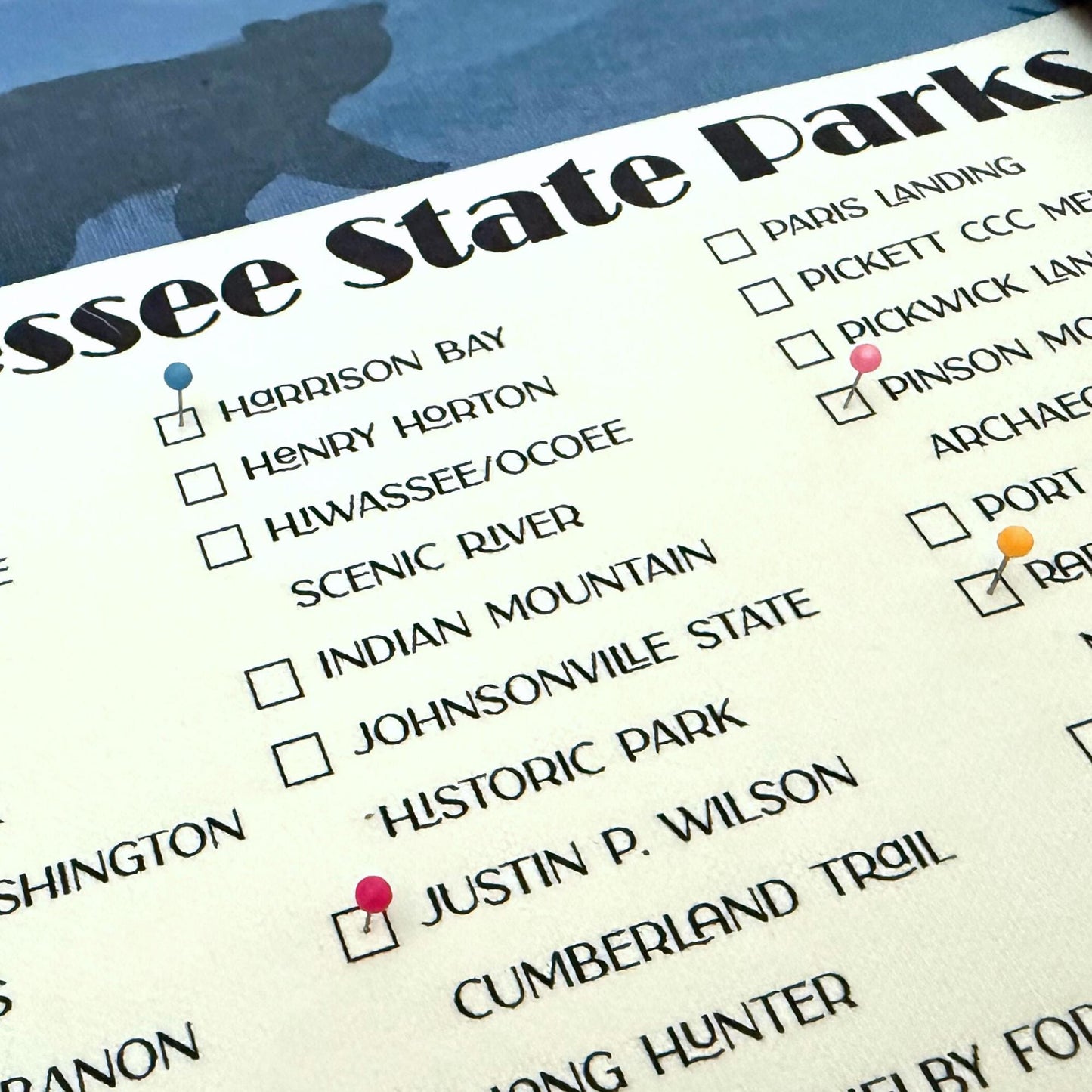 Tennessee State Parks Checklist Tracker, TN State Park, Tennessee Gift, Second Anniversary Cotton gift, State Park Map TN, Push Pin Map