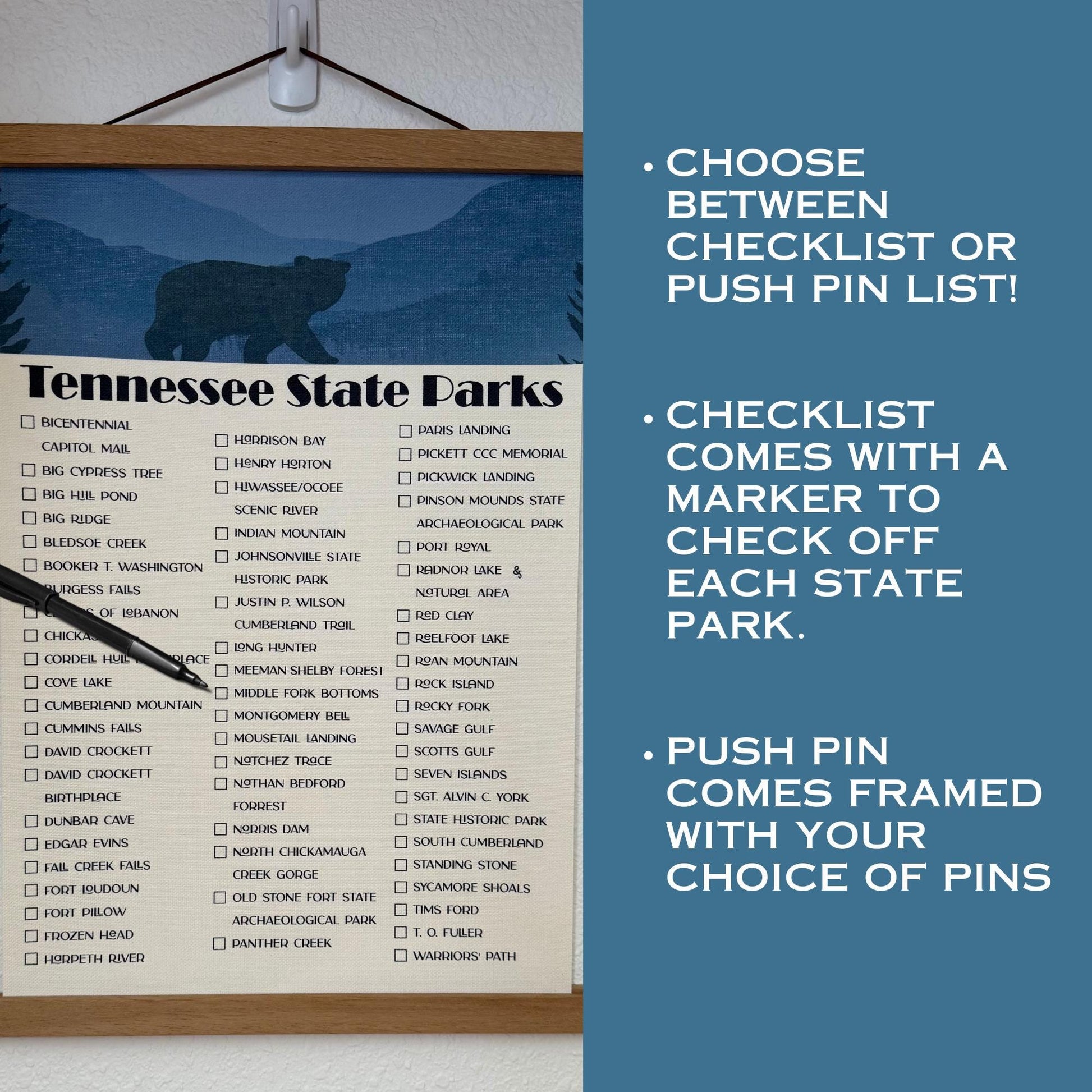 Tennessee State Parks Checklist Tracker, TN State Park, Tennessee Gift, Second Anniversary Cotton gift, State Park Map TN, Push Pin Map
