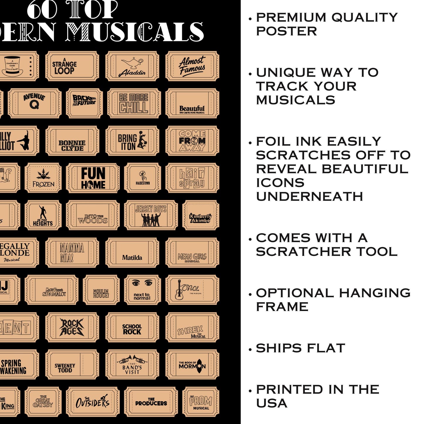 Musicals Scratch off Poster, 60 Top Modern Musicals, Gift for Musical Theater Lovers, Broadway Musicals scratch off, Drama Teacher Gift