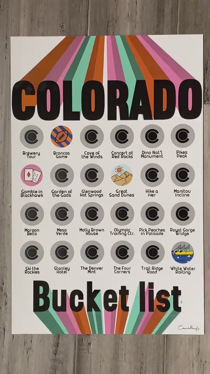 Video scratching off the silver layer to reveal icons on the Colorado Bucket List scratch off poster.