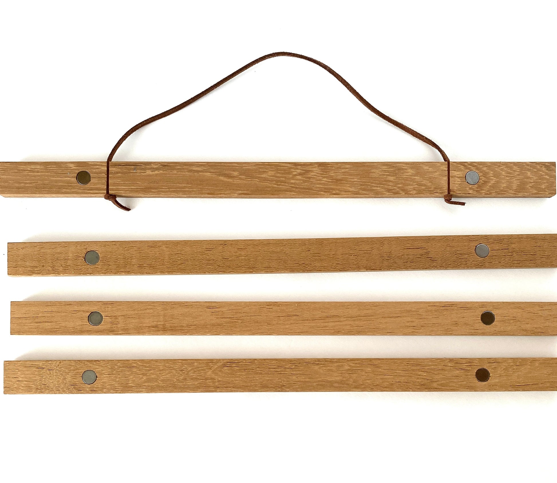 Teak Magnetic Hanging Poster Frame. Open showing the magnets and hanging string.