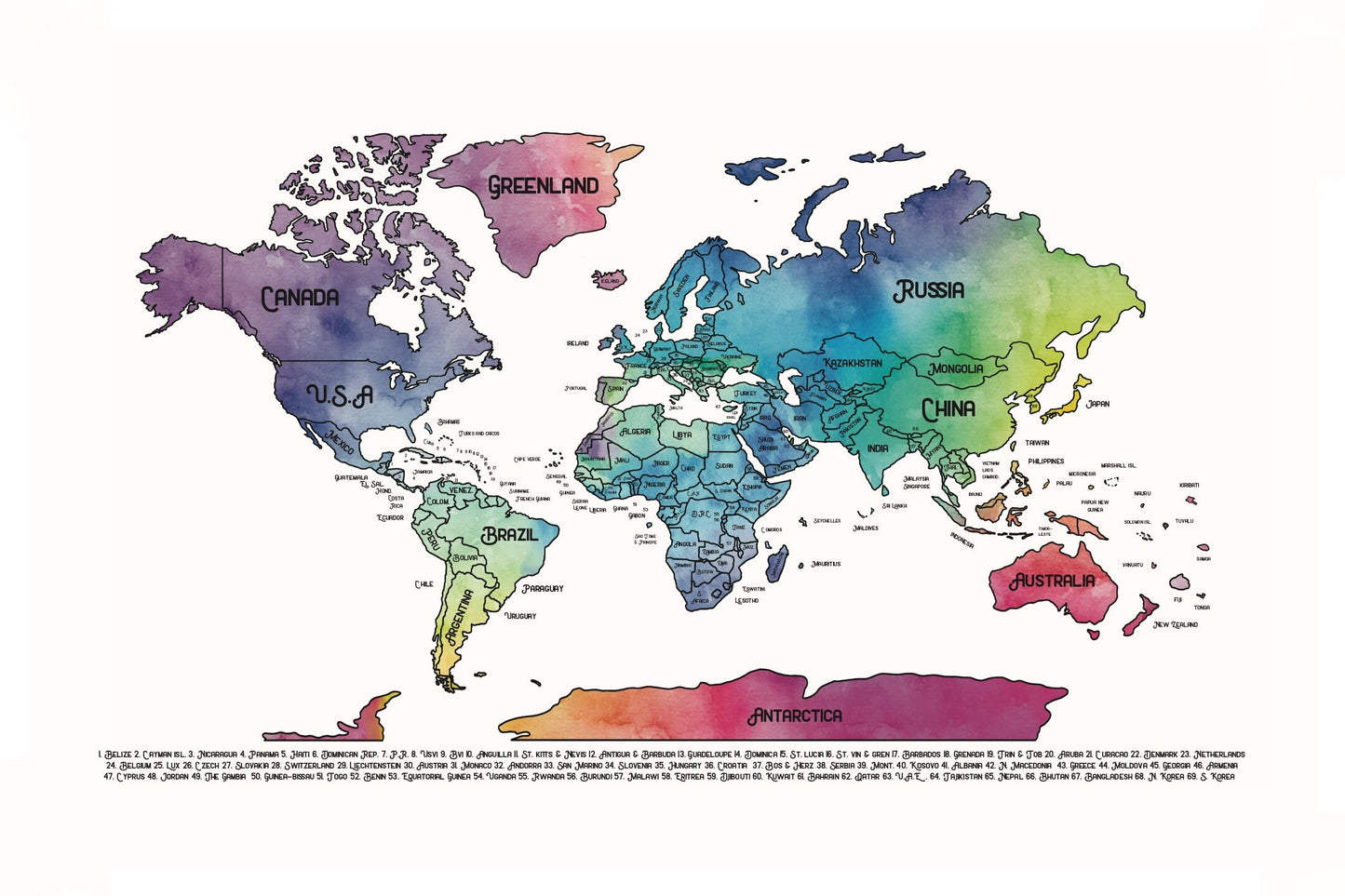 World Map scratch off poster. Has a white background with colorful watercolors on the US Map.