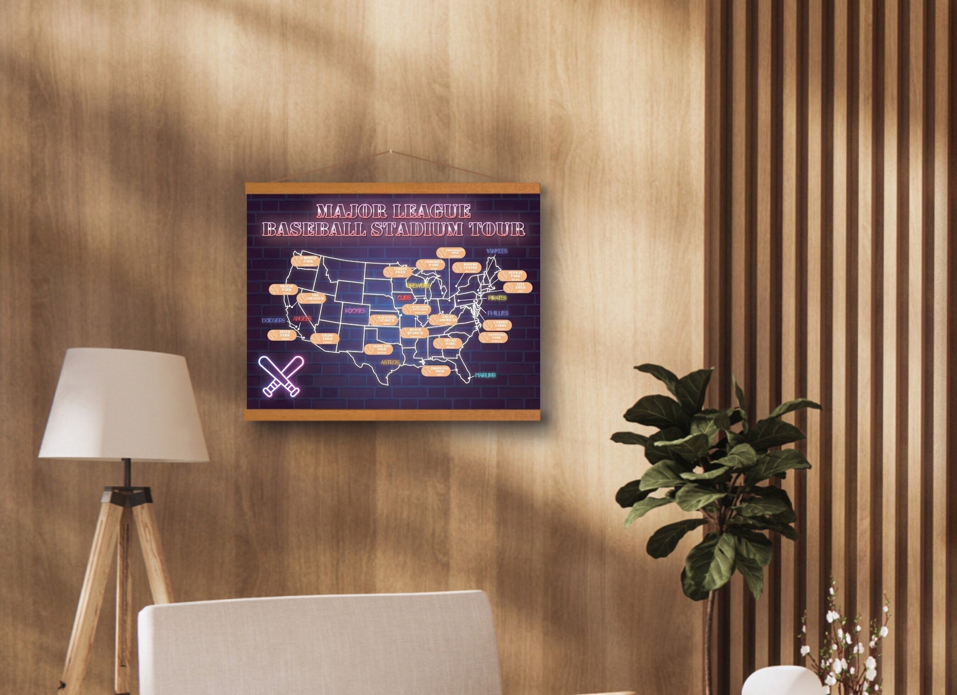 USA Baseball Stadium Scratch off Poster. Has a purple brick background with a USA map.  Each stadium is listed with a gold layer to scratch off once you have visited. Hanging on a 20in wooden frame in an office.
