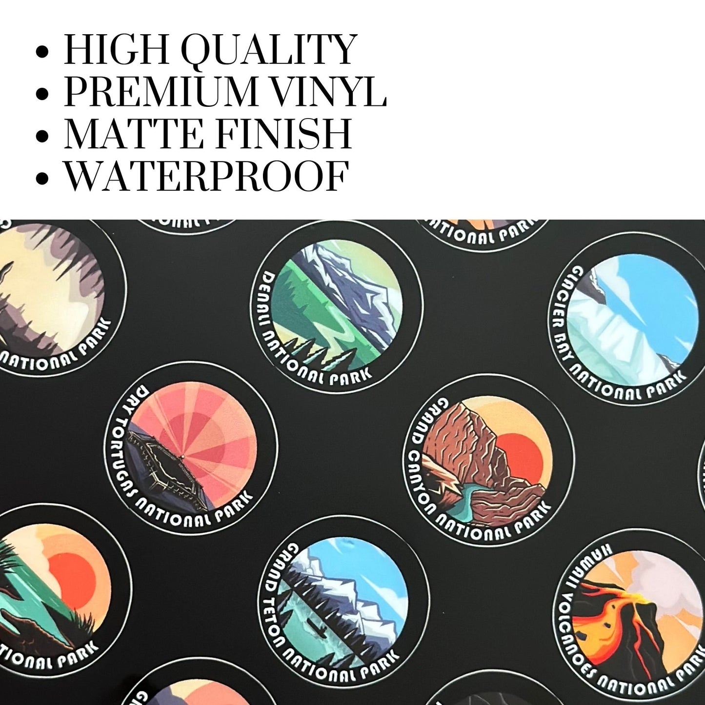 Up close picture of the National Park Stickers. High quality, vinyl, waterproof.