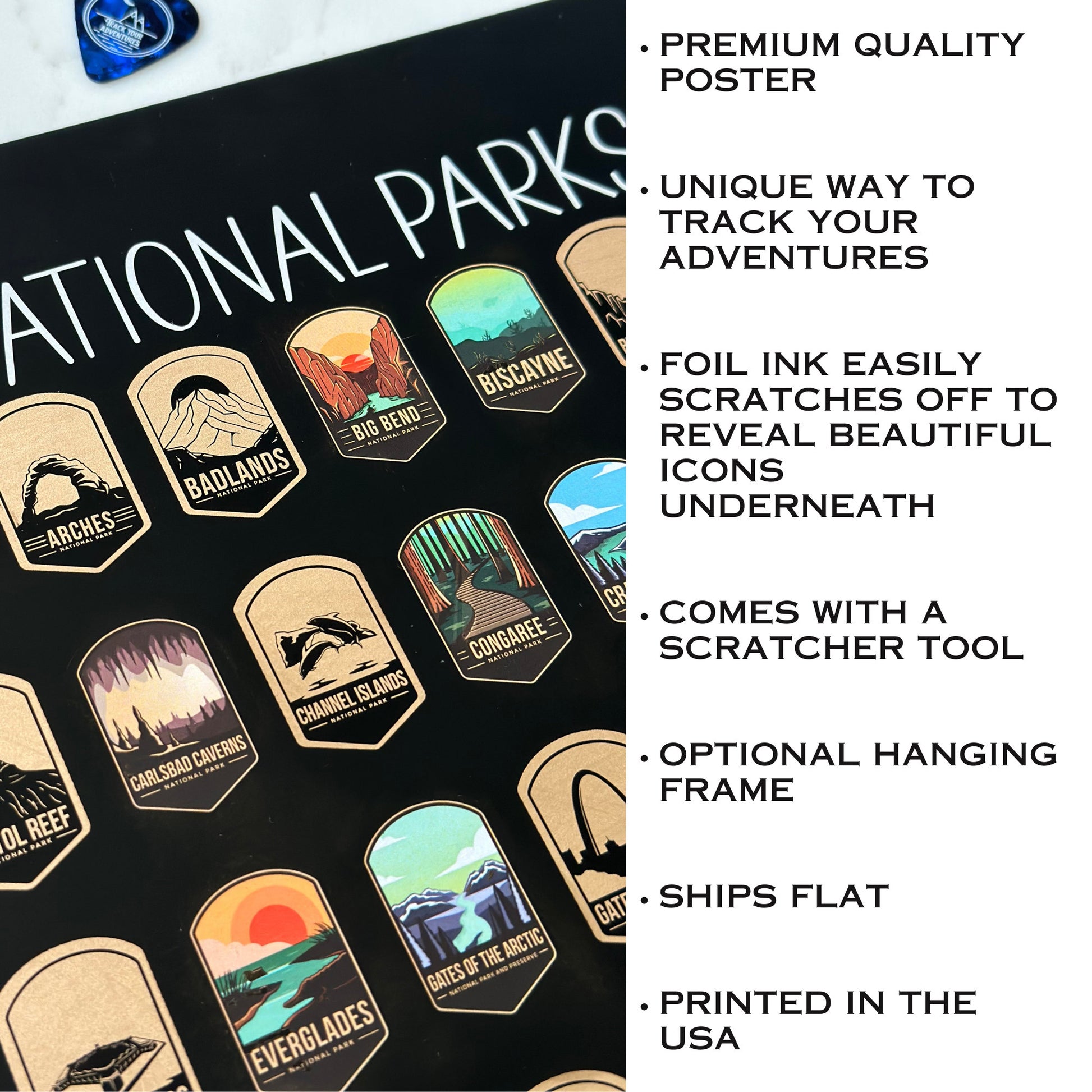 63 National Park scratch off poster, Has a black background with colorful icons for each park. Scratch off a silver layer to reveal artwork. Hanging on a wooden frame.