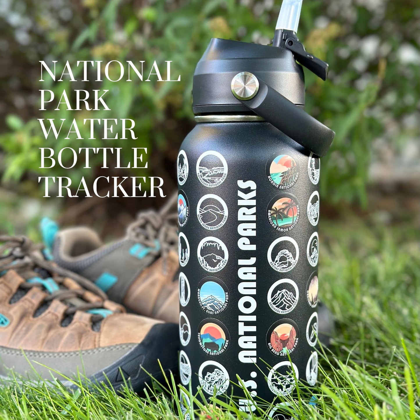 National Parks Black Water Bottle. Colorful stickers placed on the parks visited.