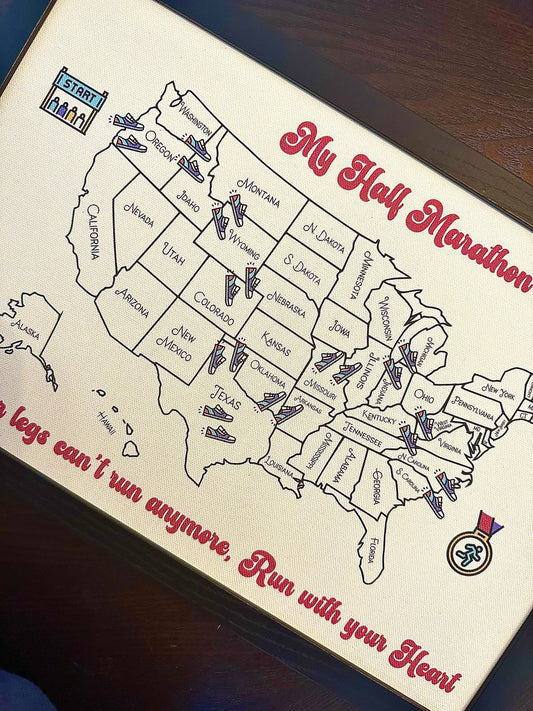 Half Marathon Tracker, 50 States Marathon Gift, 13.1 Marathon, Push Pin USA Map, Born to Run, Personalized running gift, 13.1, 26.2