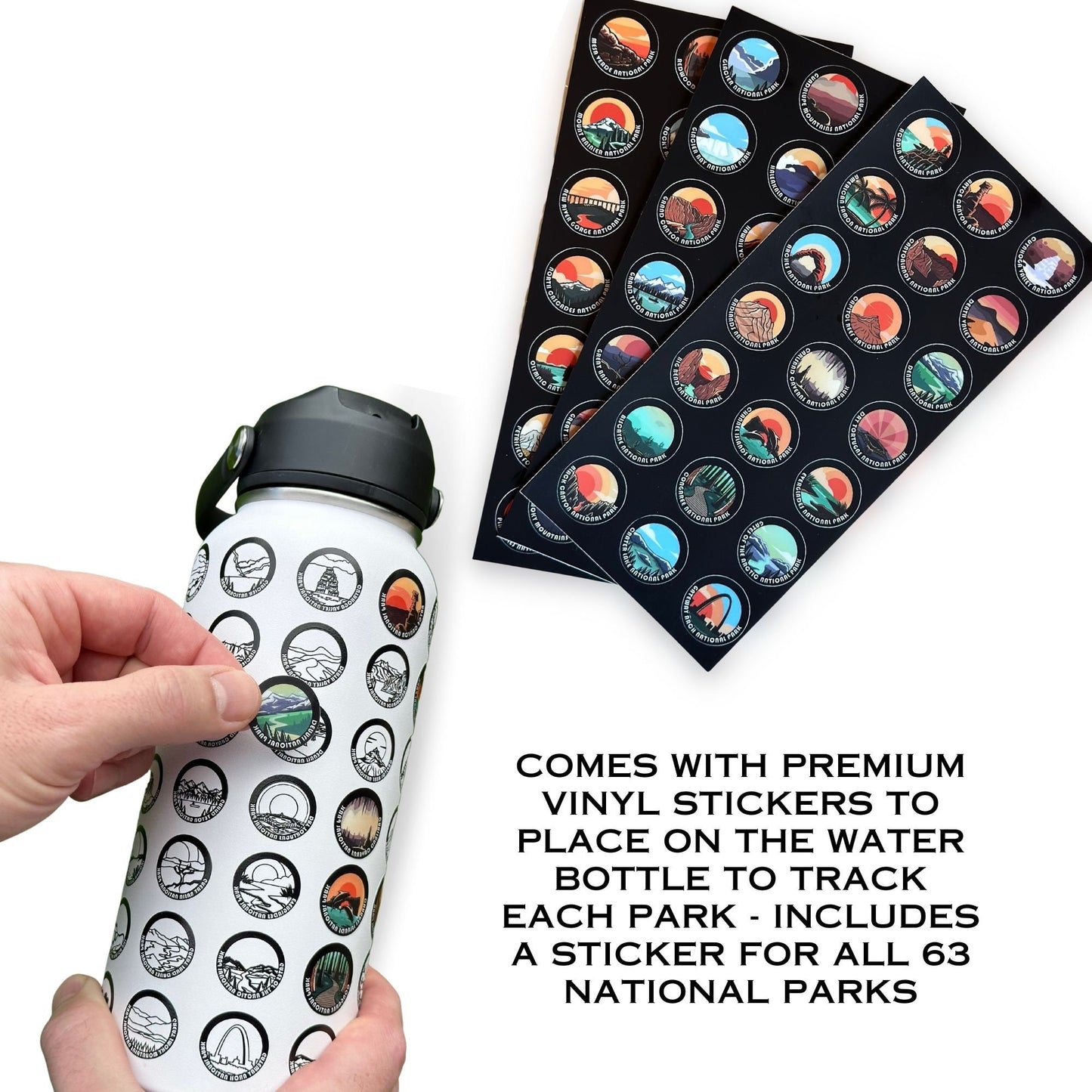Hand placing sticker on water bottle