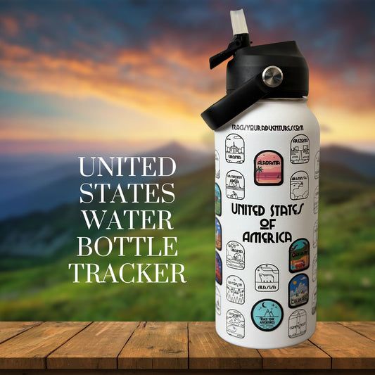 50 States White Water Bottle.  Colorful stickers placed on the states visited.