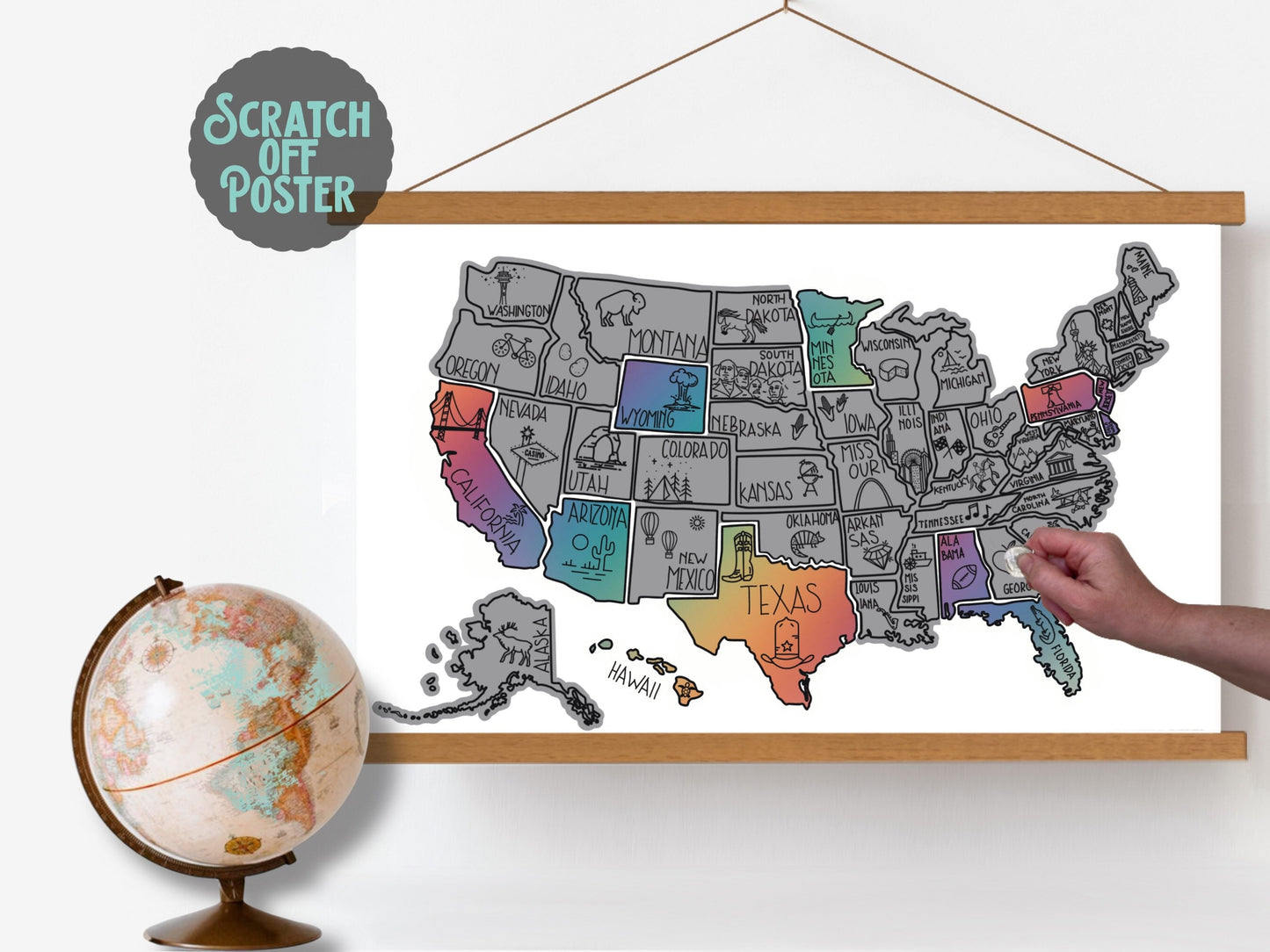 USA Scratch off map, Scratch off map, Travel gift, RV Gifts, Scratch off United States map, US landmarks, United States Picture map, Frame