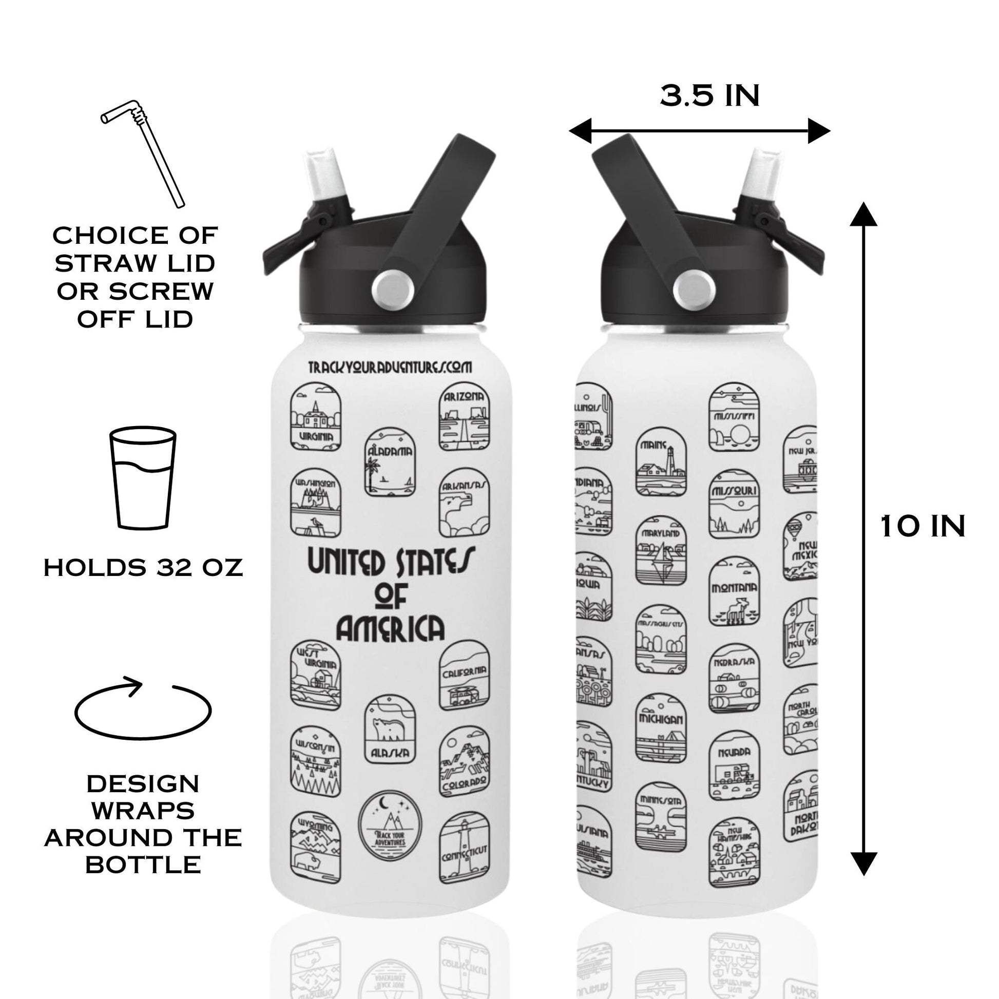 50 States Water Bottle - White