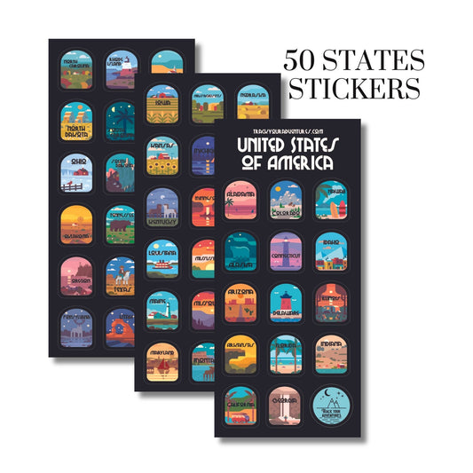 USA Sticker Sheet. Black background with all 50 States stickers, that are colorful.