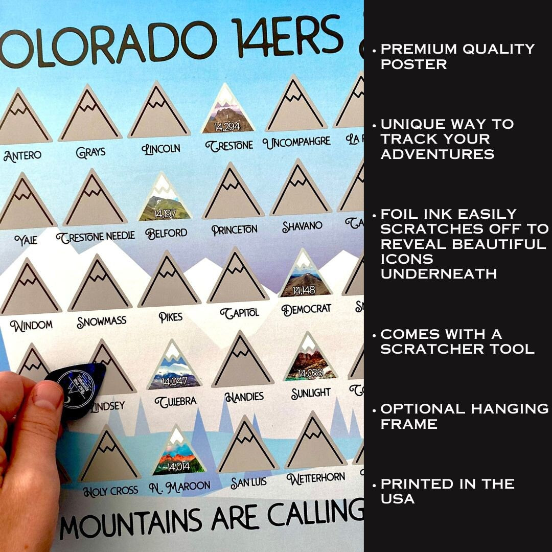 Colorado 14er Checklist, 14ers Scratch off map, 14er Tracker, 14er finisher, Hiking Gifts, Fourteeners, Colorado gifts, Colorado Trail