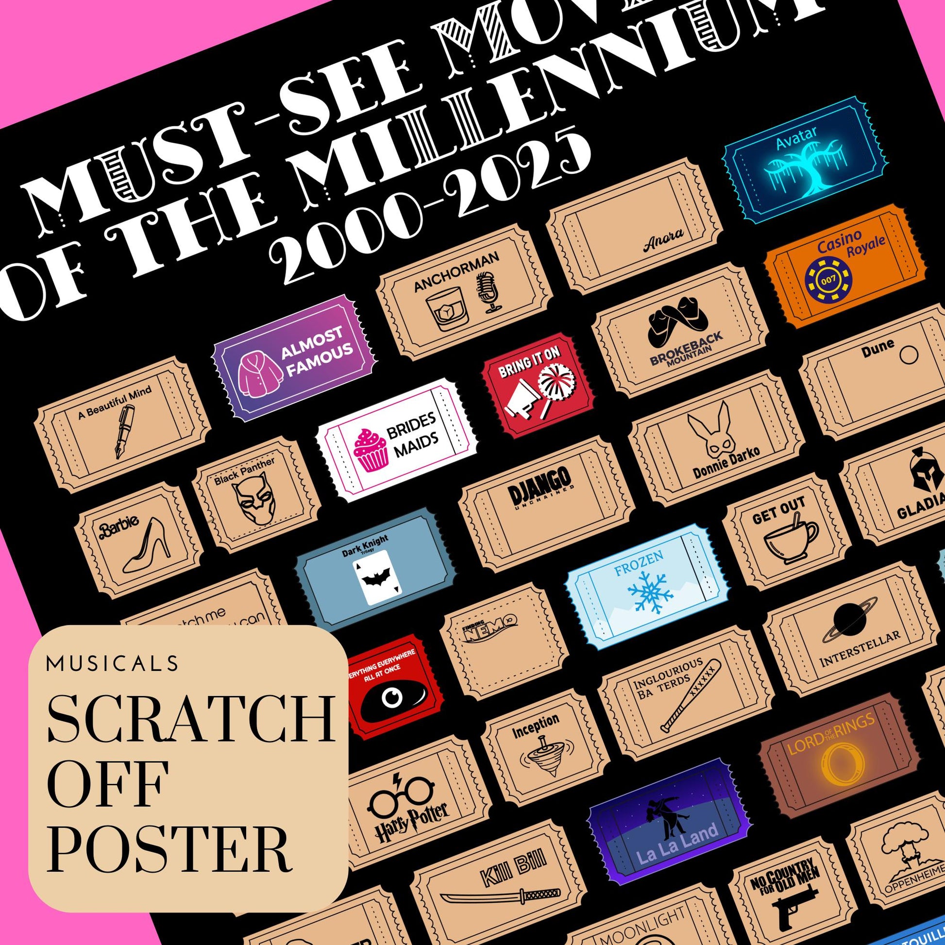 Movies Scratch off Poster, Gift for Movie Lovers, Blockbuster, Film Teacher Gift, Movie Gift Basket, 2000's Movies, Top Millennium Movies