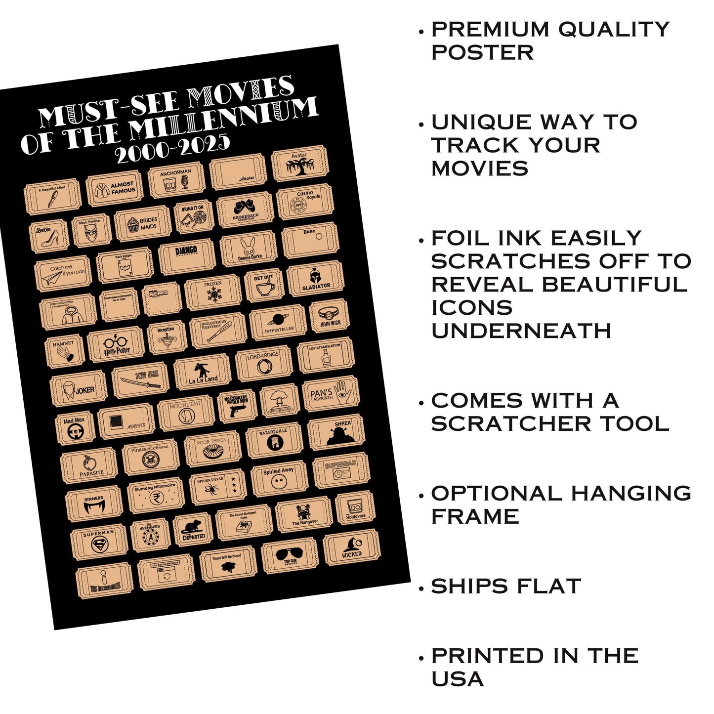 Movies Scratch off Poster, Gift for Movie Lovers, Blockbuster, Film Teacher Gift, Movie Gift Basket, 2000's Movies, Top Millennium Movies