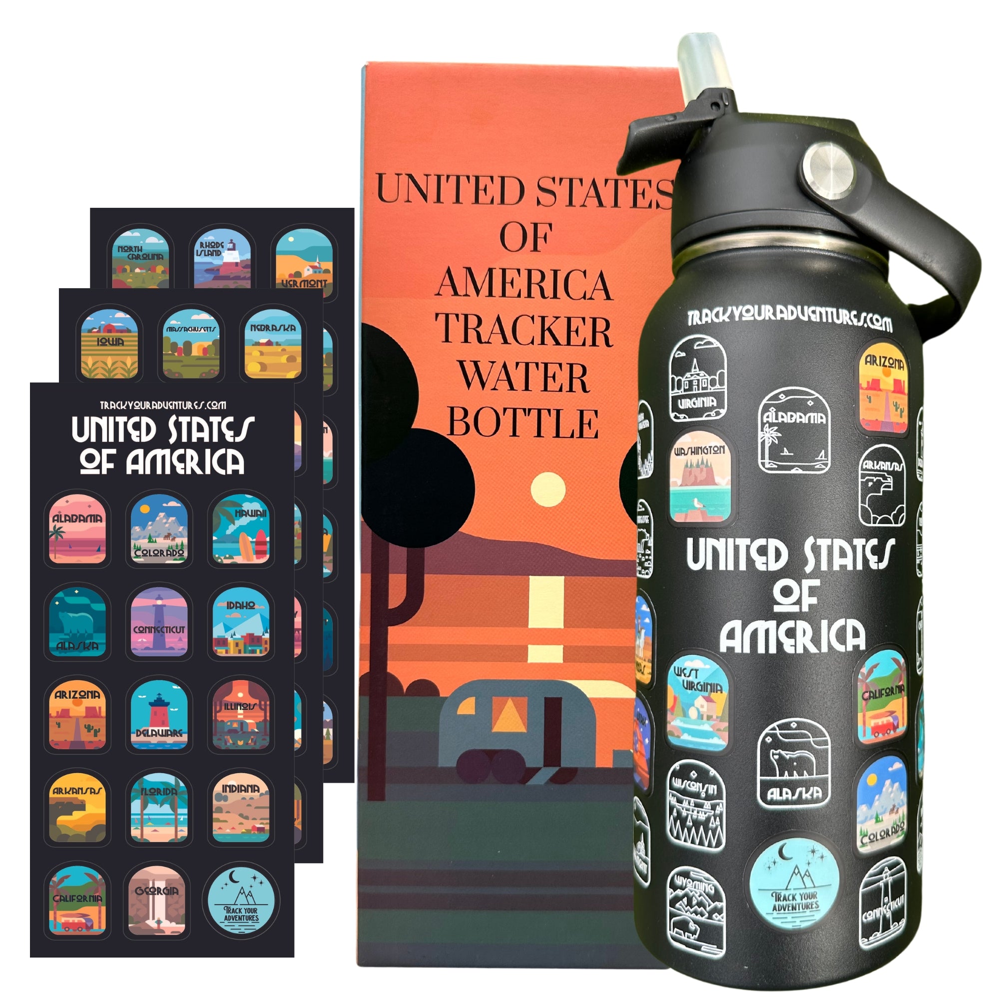 Load video: Someone holding the box for the United States Tracker Water Bottle. He takes out the bottle and the stickers. Water pouring on the bottle. Then a shot of the bottle sitting outside.