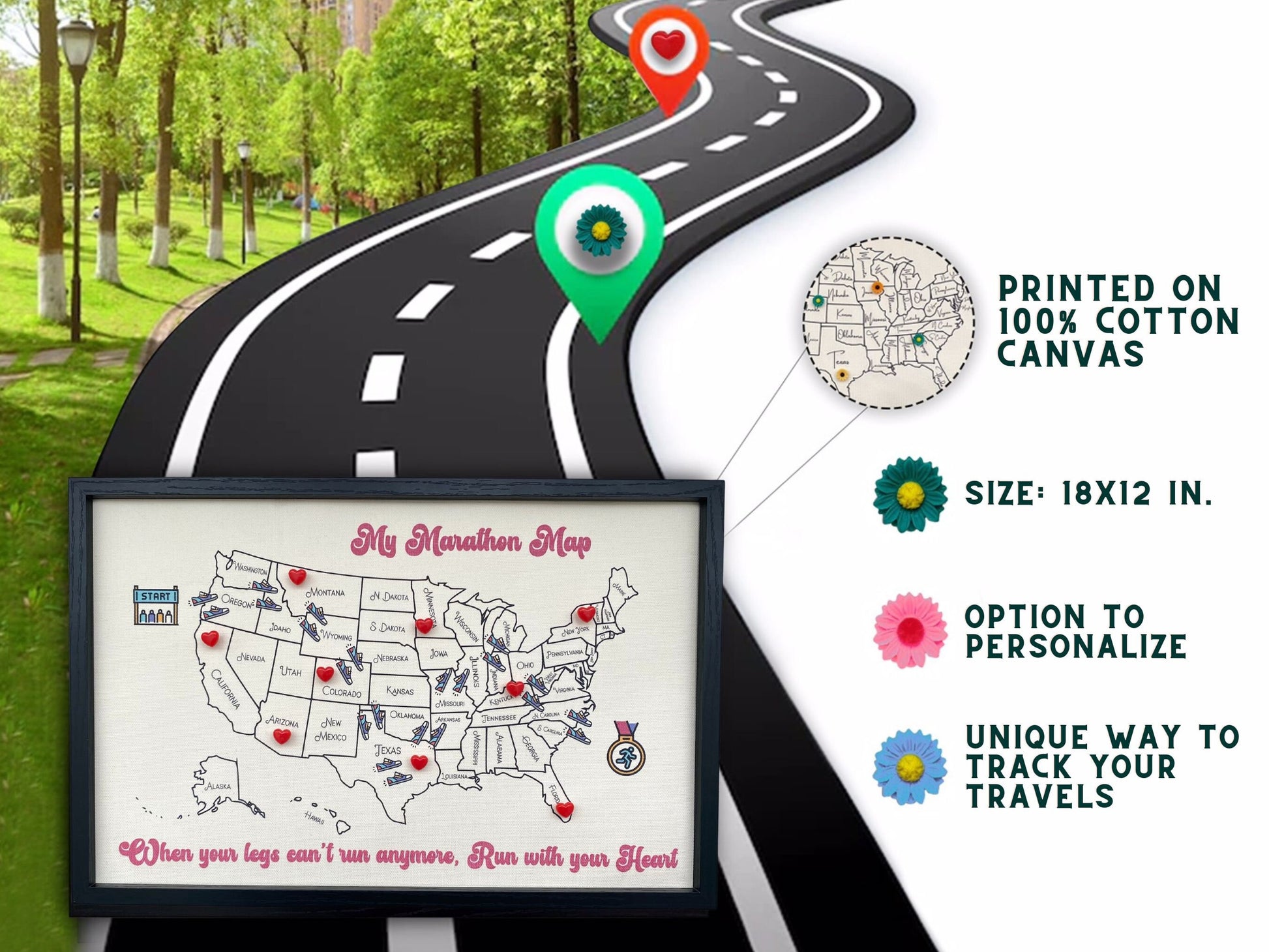 Half Marathon Tracker, 50 States Marathon Gift, 13.1 Marathon, Push Pin USA Map, Born to Run, Personalized running gift, 13.1, 26.2