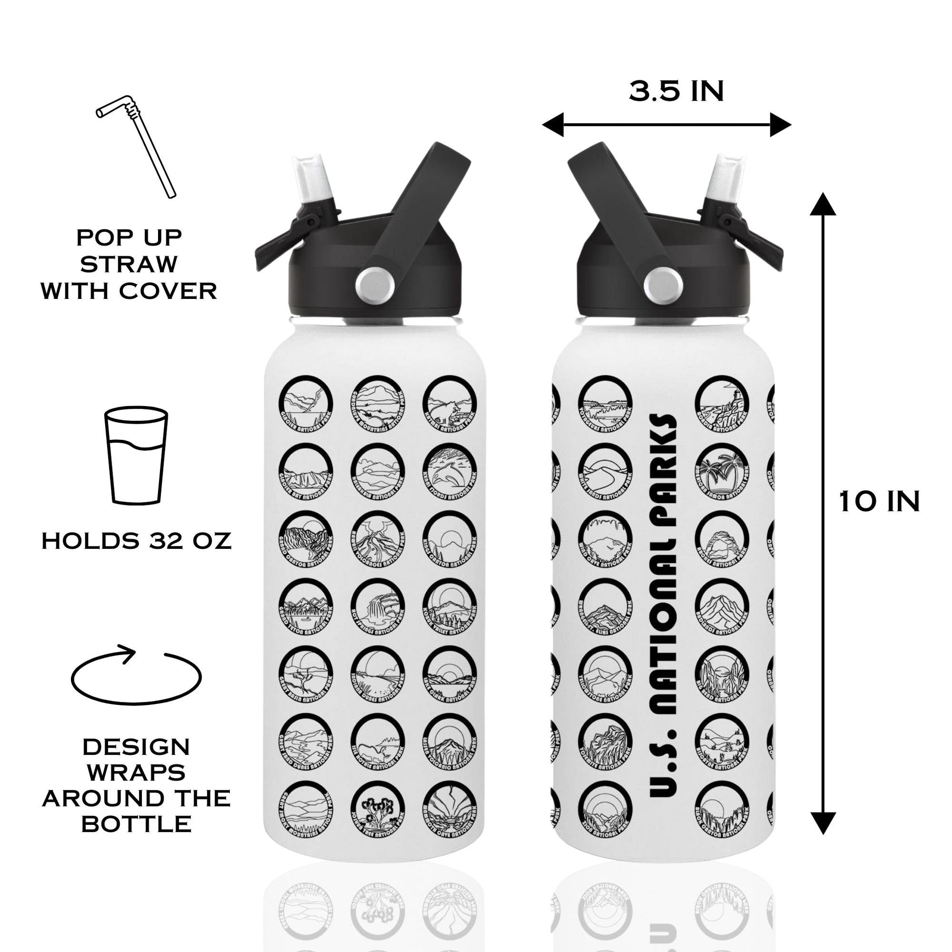 Features of the water bottle. Choice of straw or screw off lid. Holds 32 oz. 3.5 x 10 in.