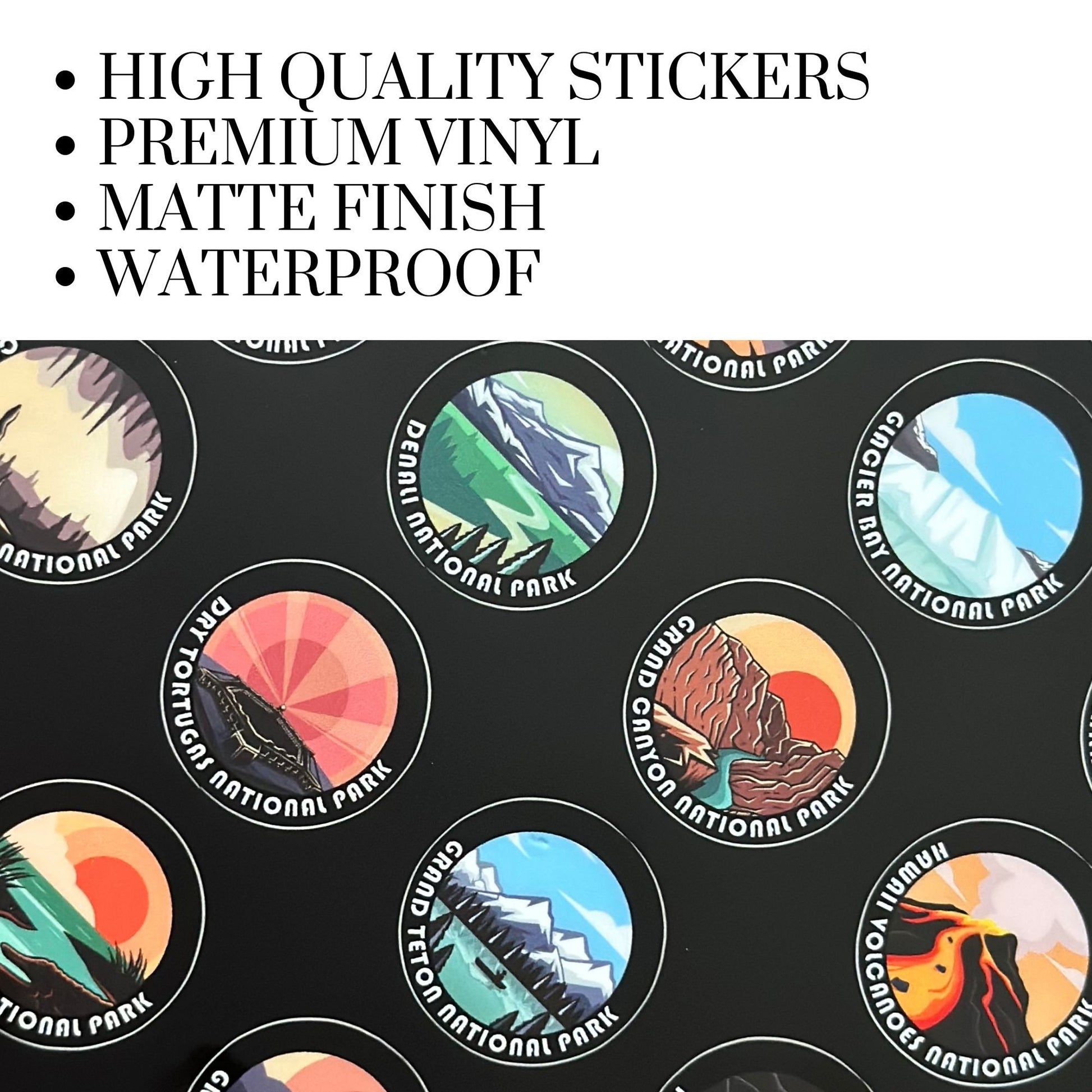 High quality waterproof vinyl stickers for all 63 US National Parks. 